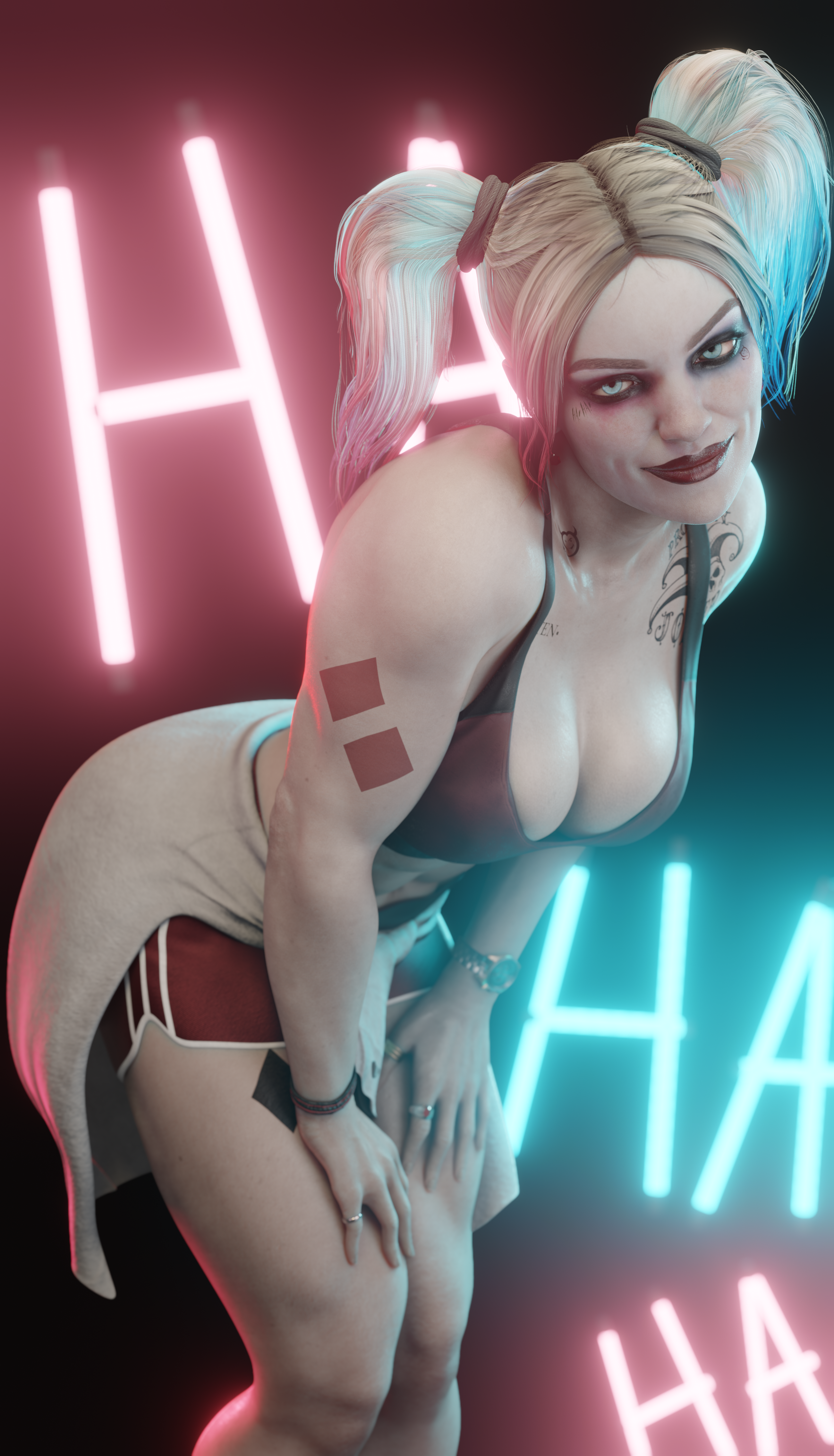 1girls, 3d, athletic, batman (series), big breasts, blonde hair, blue eyes, breasts, cleavage, clothed, dc, dc comics, eyeshadow, female, female only, harley quinn, harley quinn (injustice), injustice 2, leaning forward, light skin, light-skinned female, lipstick, loligagger, muscular, muscular female, pale skin, pale-skinned female, presenting breasts, short shorts, shorts, smile, solo, sweat, thick thighs, twintails