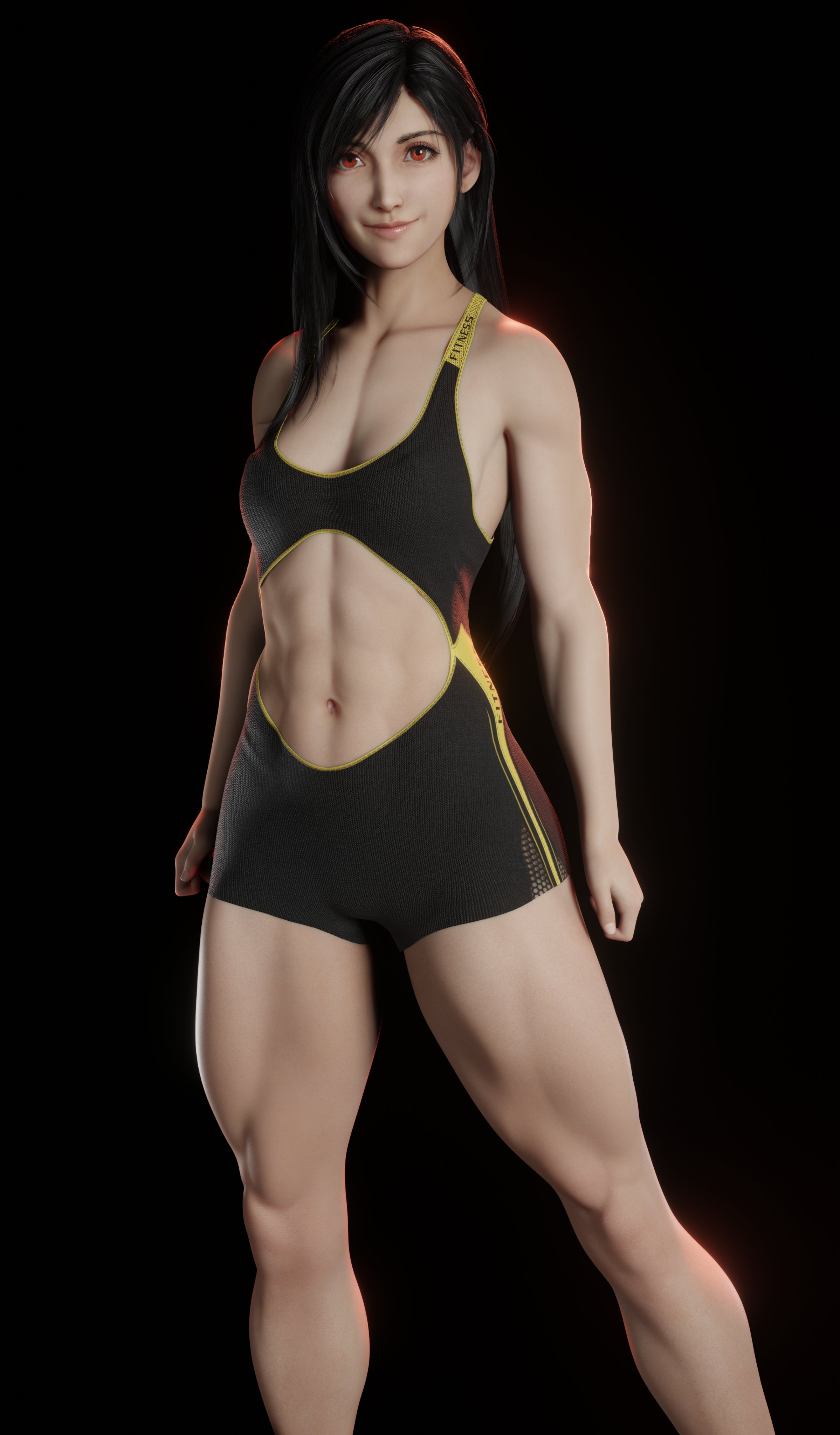 1girls, 3d, abs, alternate breast size, alternate version available, black background, black hair, breasts, cleavage, female, female only, final fantasy, final fantasy vii, final fantasy vii remake, fit, fit female, loligagger, long hair, looking at viewer, muscular, muscular female, navel, navel cutout, red eyes, smile, solo, tifa lockhart, workout clothes