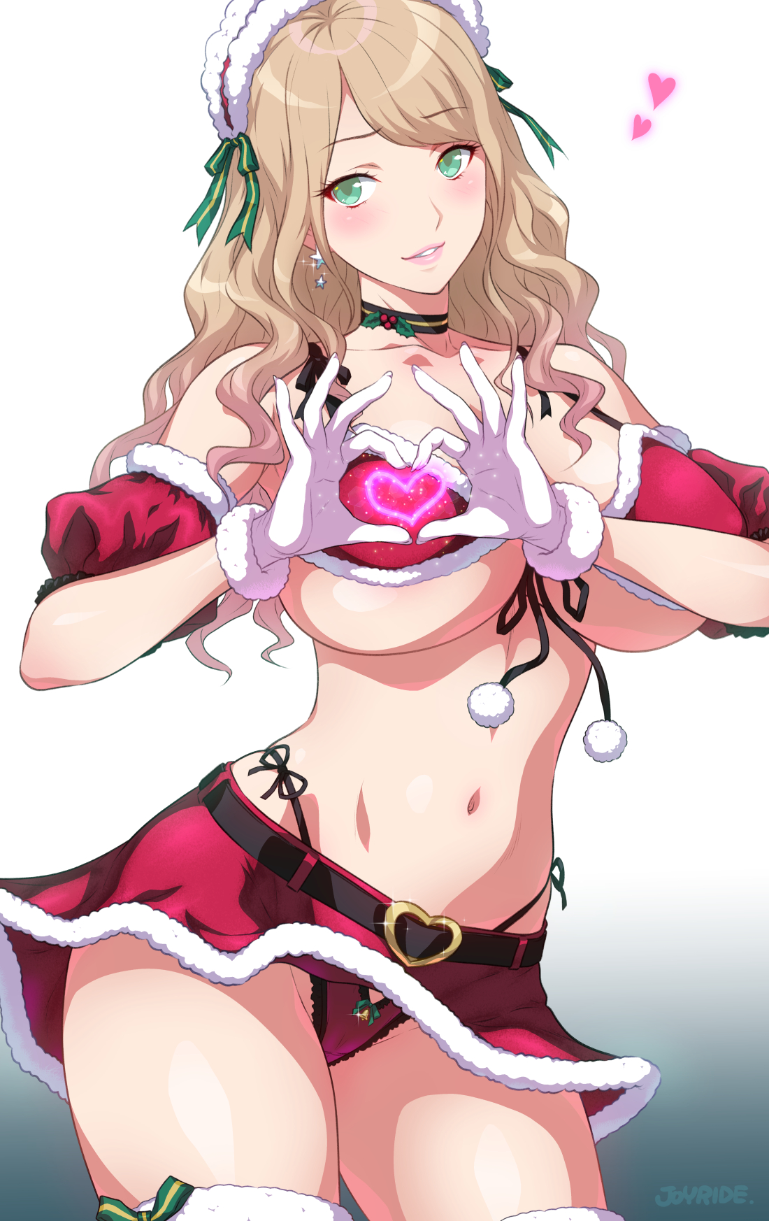 1girls, artist name, belt, big breasts, black belt, black choker, breasts, brown hair, choker, christmas, collarbone, earrings, eyebrows visible through hair, female, female only, gloves, green eyes, grey background, hairband, heart, heart hands, highres, huge breasts, joy ride, large breasts, lips, long hair, looking at viewer, navel, original, original character, panties, picot trim, picot trim panties, red panties, red skirt, skirt, solo, solo female, thick thighs, thighhighs, thighs, two-tone background, underwear, white background, white gloves