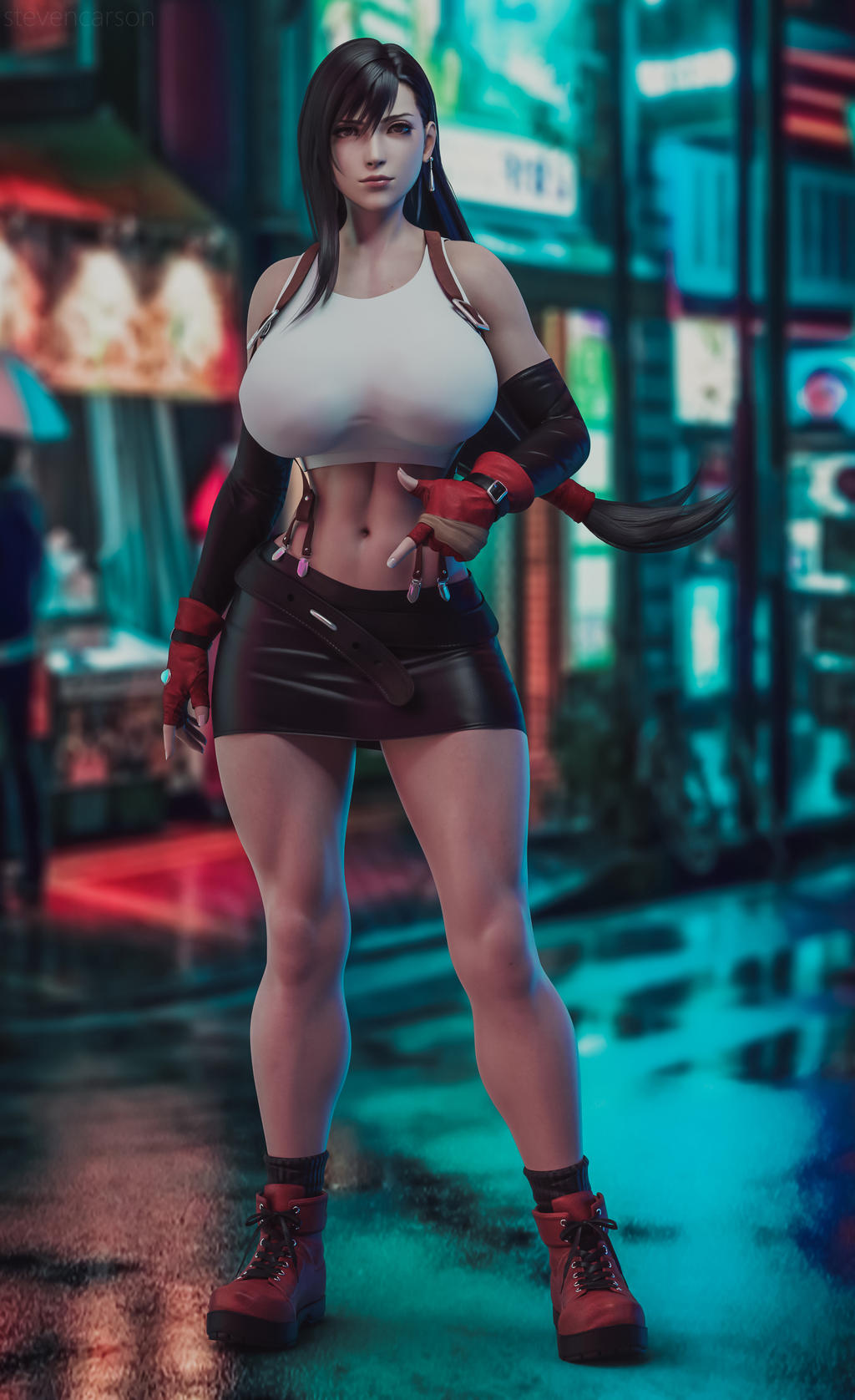 1girls, 3d, absurdres, bottomless skirt, breasts, curvy, dissidia, dissidia final fantasy, female, female only, final fantasy, final fantasy vii, highres, huge breasts, no panties, realistic, skirt, solo, spread legs, standing, stevencarson, tifa lockhart, wide hips