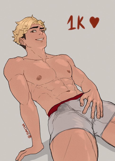 1boy abs atsumu_miya blonde_hair boxers brown_eyes dyed_hair haikyuu!! heart leaning_back looking_at_viewer male_only muscular_male nipples pecs precum_stain simple_background smirk text watermark zumiiwa