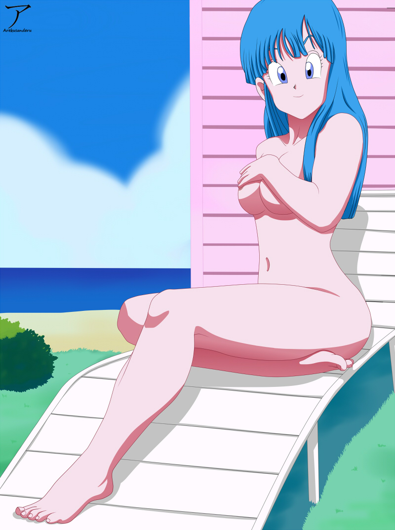 1girls, aqua hair, arekusanderu, blue eyes, blue hair, breasts, covering breasts, dragon ball, dragon ball z, female, fringe, hime cut, looking at viewer, maron, nude, petite