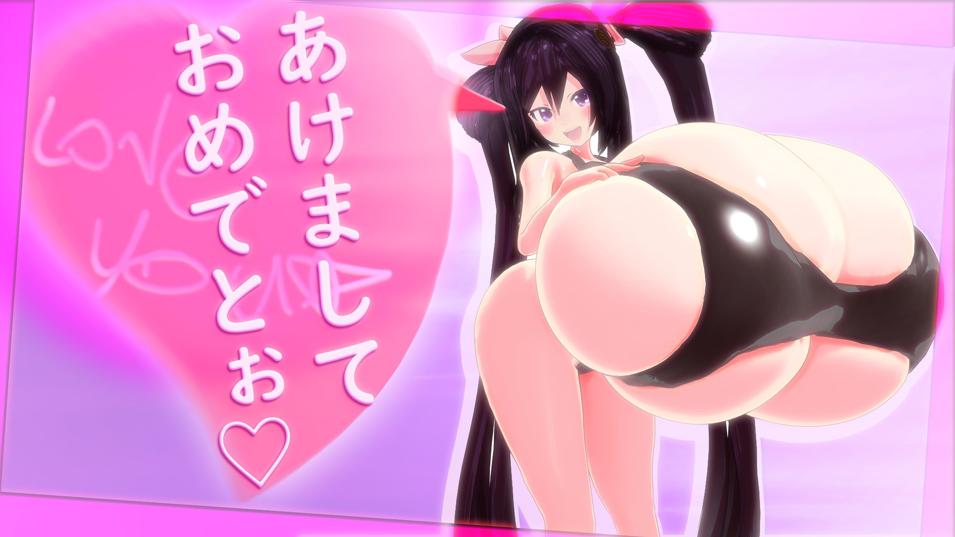 1girls, 2022, ariane cevaille, bikini, black hair, blush, breasts, female, female only, heart, hyper, hyper breasts, japanese text, looking at viewer, new year, purple background, purple eyes, silo9, skindentation, solo, text, twintails