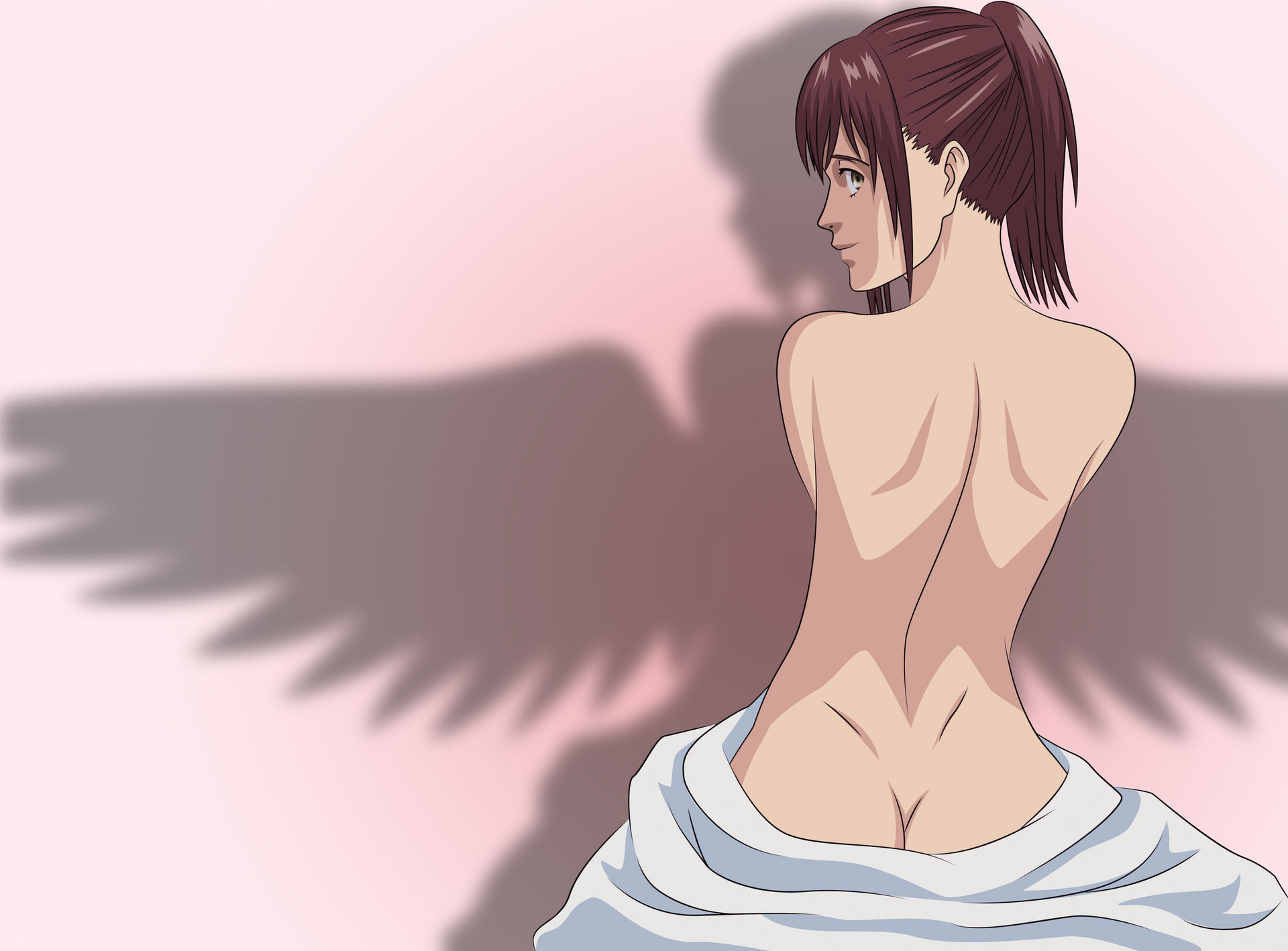 1girls, angel, angel wings, ass, attack on titan, brown eyes, brown hair, burgundy hair, cute, female, fringe, light skin, light-skinned female, looking at viewer, nemesis179, nude, petite, ponytail, sasha braus, shingeki no kyojin, shy, skinny, slim, teenager