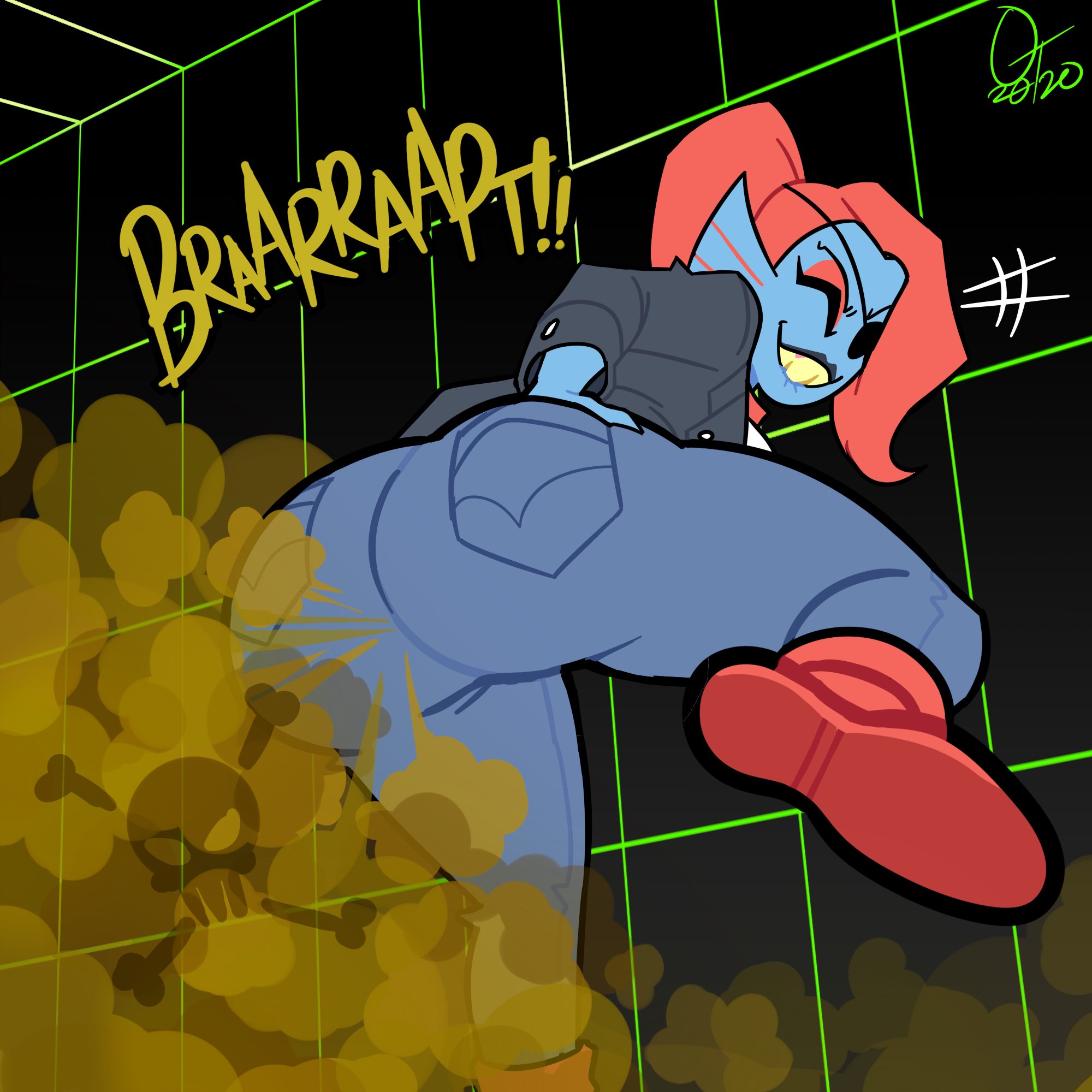 ass, big ass, big butt, blue skin, bubble butt, clothed, clothing, fart, fart cloud, fart fetish, farting, female, fish, leg lift, oddtenn, pants, red hair, smell, smelly, smelly ass, tagme, tenuousoddity, undertale, undertale (series), undyne
