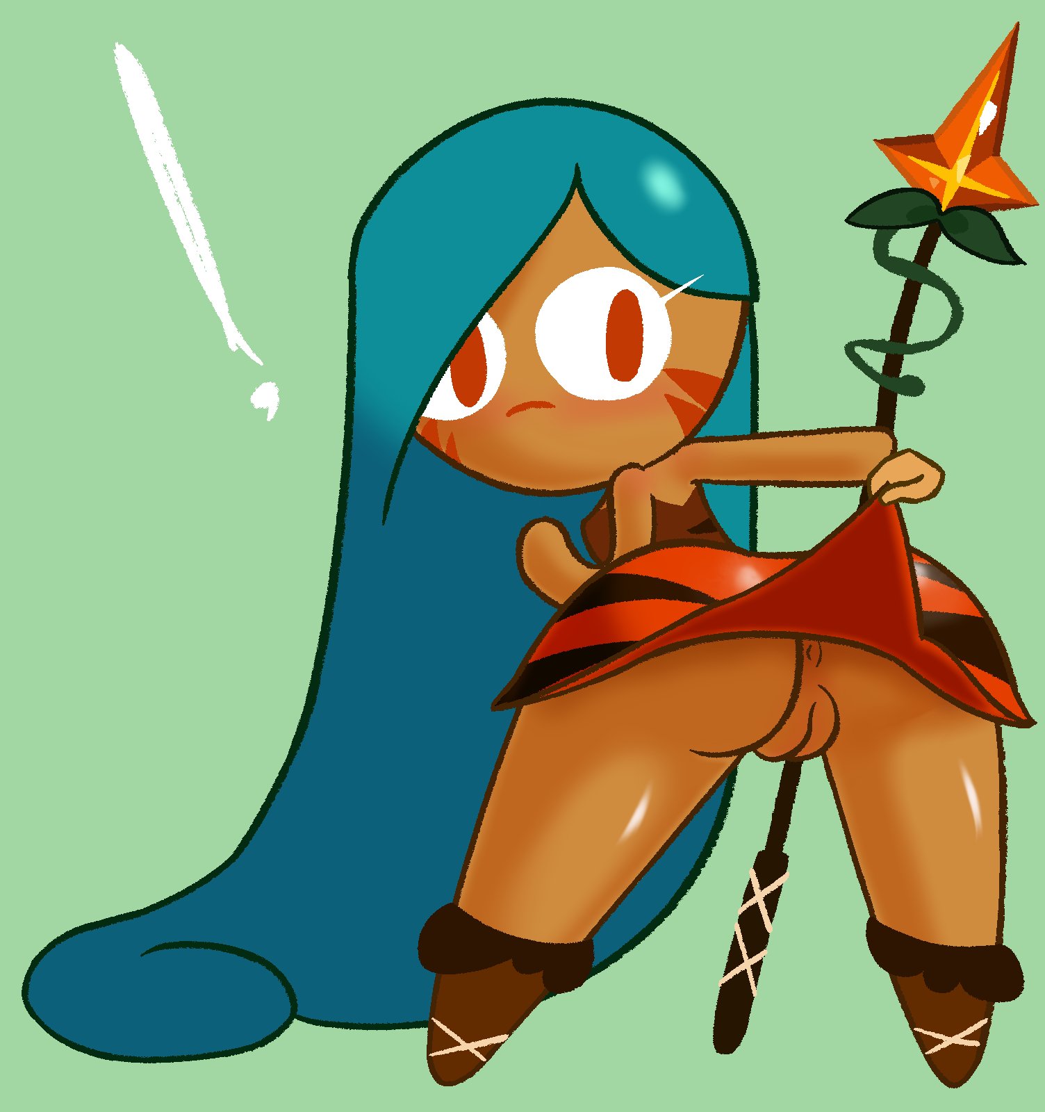 cookie run, dusktyldawn, female, green hair, lifting skirt, pussy, suprised, tiger lily cookie