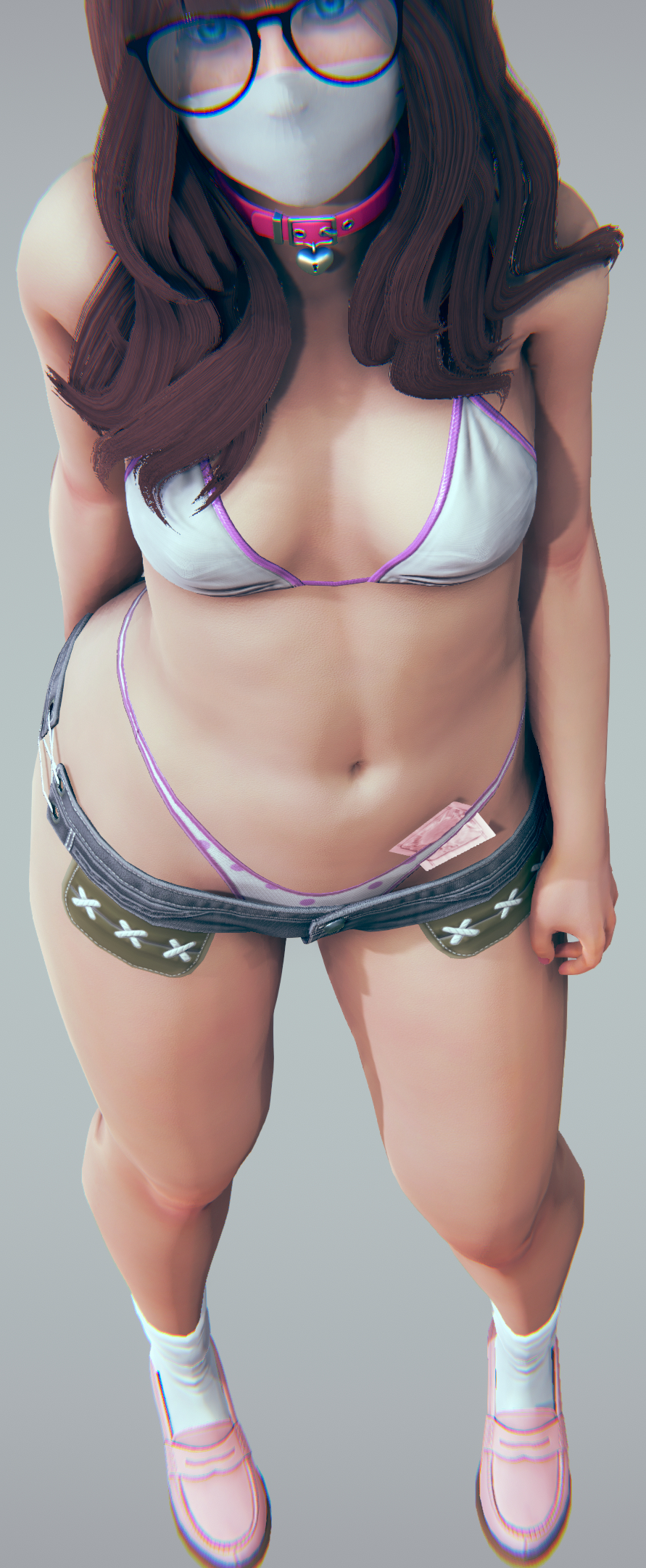 3d, bangs, bikini, bikini top, breasts, condom, face mask, female, flat chest, flat chested, glasses, hdregrets, hips, hotpants, looking at viewer, mask, panties, prostitute clothes, prostitution, short shorts, shorts, small breasts, thick thighs, thighs, thong, wide hips