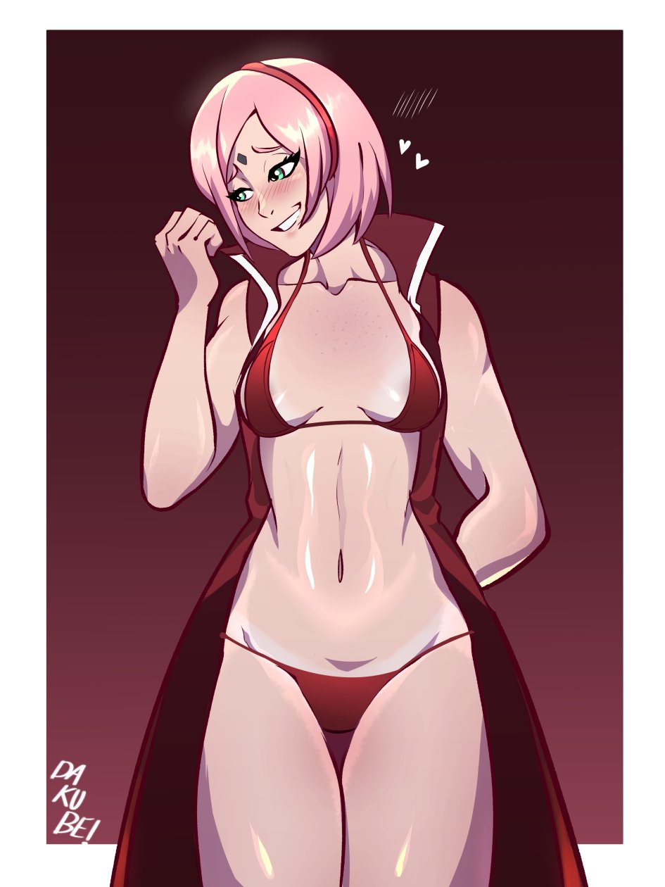 1girls, alternate version available, bare arms, bare legs, bare shoulders, belly button, bikini, bikini bottom, bikini top, blush, bob cut, boruto: naruto next generations, breasts, cleavage, clothing, dakube, female, female focus, female only, forehead jewel, forehead mark, front view, g-string, green eyes, hairband, light skin, light-skinned female, looking away, mature, mature female, medium hair, micro bikini, milf, naruto, naruto (series), nervous, nervous smile, nose blush, pale skin, pale-skinned female, panties, partially clothed, perky breasts, pink hair, pinup, pose, posing, red bikini, red panties, red swimsuit, red thong, sakura haruno, shoulder length hair, shounen jump, small breasts, smile, smiling, solo, solo female, solo focus, standing, swimsuit, teeth, thick thighs, thighs, thong, voluptuous, wide hips