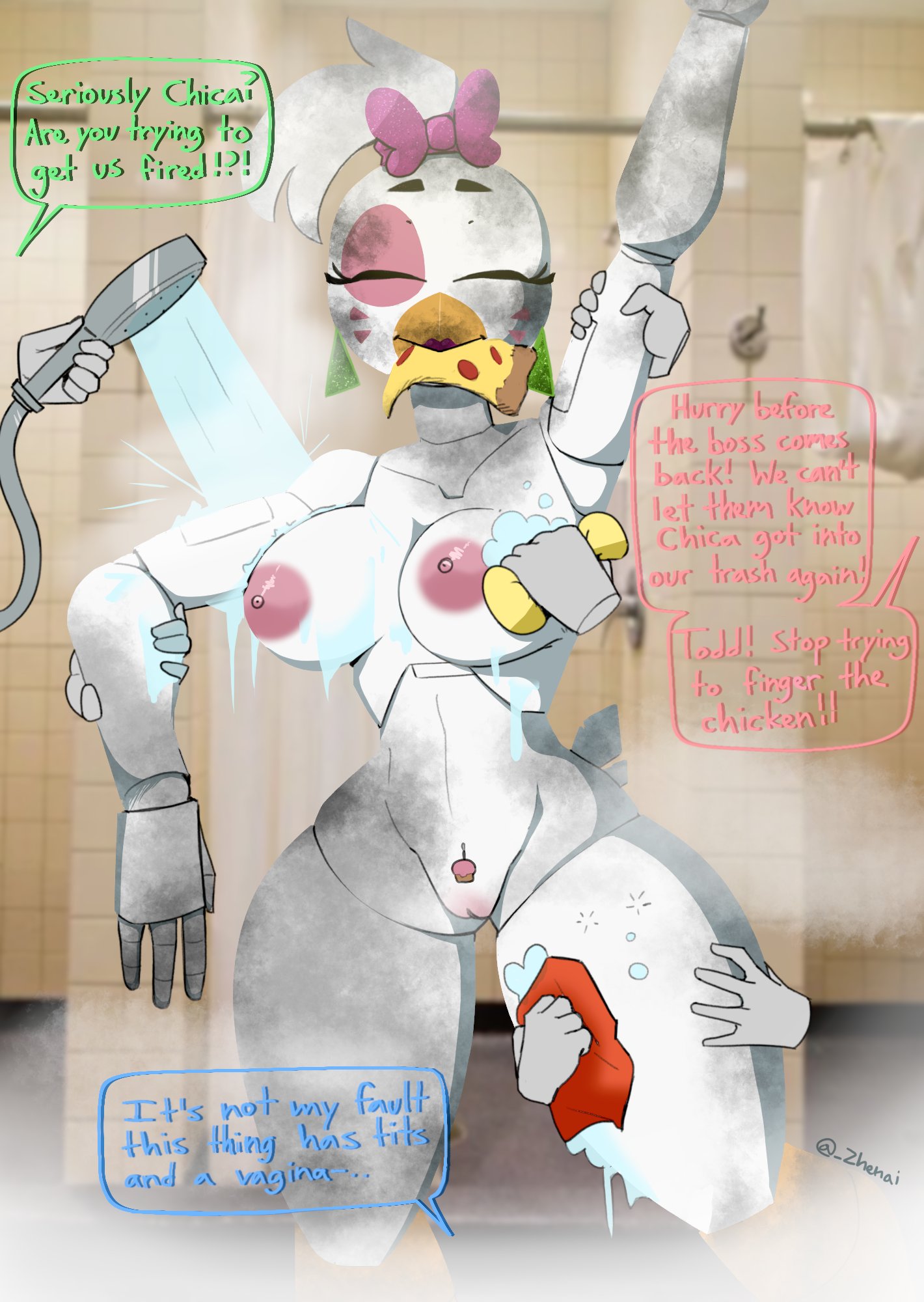big breasts, big nipples, breasts, female, five nights at freddy's, five nights at freddy's: security breach, glamrock chica (fnaf), shower, zhenai