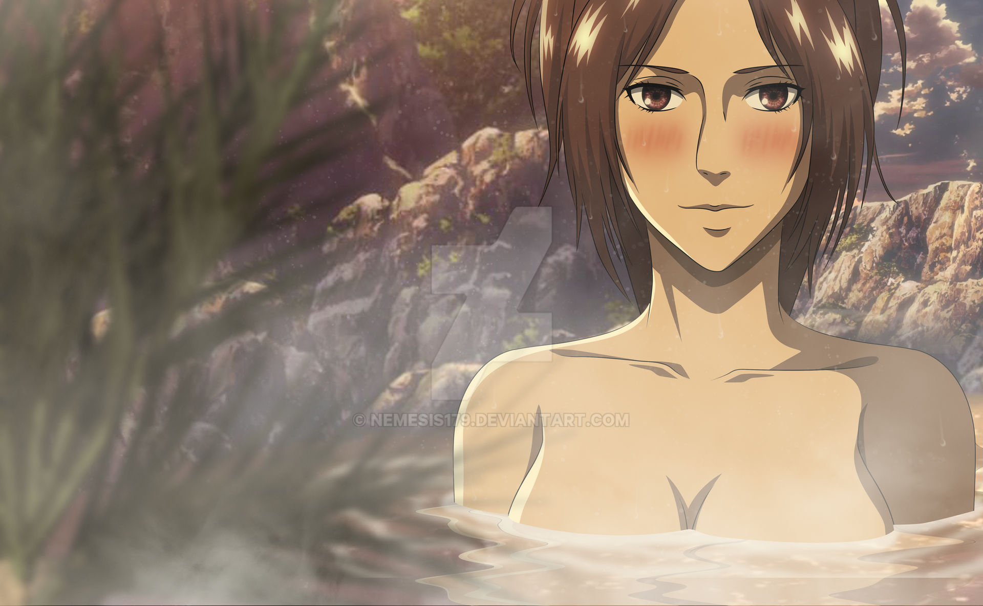 attack on titan, hanji zoe, nemesis179, nude, river, shingeki no kyojin, termal water