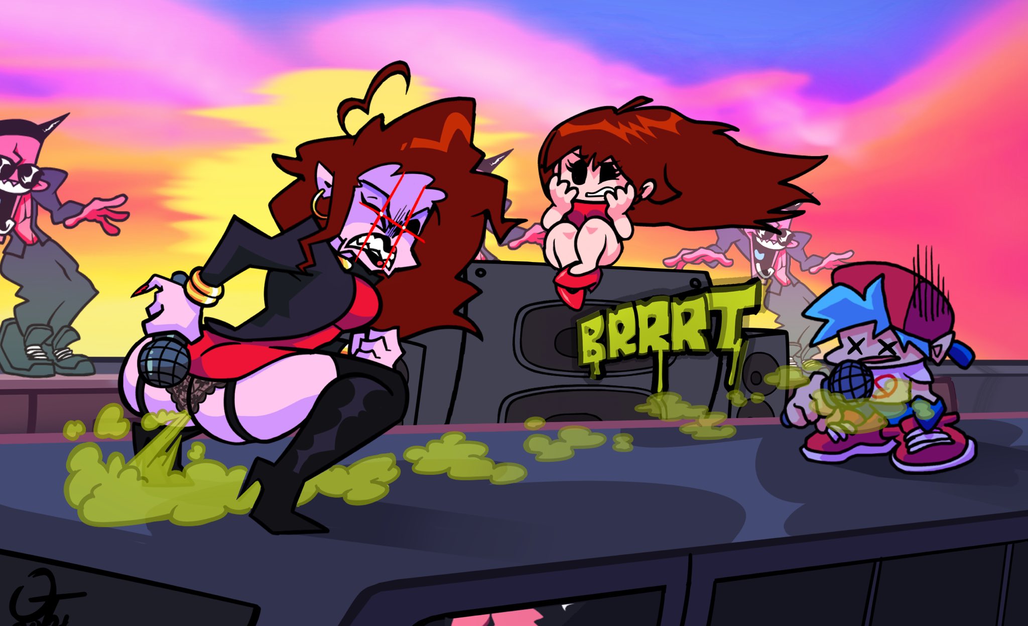 accurate art style, boyfriend (friday night funkin), fart, fart cloud, fart fetish, female, friday night funkin, girlfriend (friday night funkin), henchmen (friday night funkin), mommy mearest, oddtenn, tagme, tenuousoddity