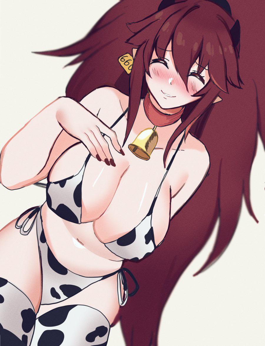 1girls, bell, bell collar, bikini bottom, bikini top, blush, breasts, cleavage, closed eyes, collar, cow bell, cow print, cow print bikini, cow print legwear, dragon girl, ear piercing, ear tag, female, female only, hand on breast, huge breasts, large breasts, light skin, light-skinned female, pointy ears, ponytail, red hair, solo, solo female, solo focus, thick thighs, thighhighs, virtual youtuber, vshojo, zentreya