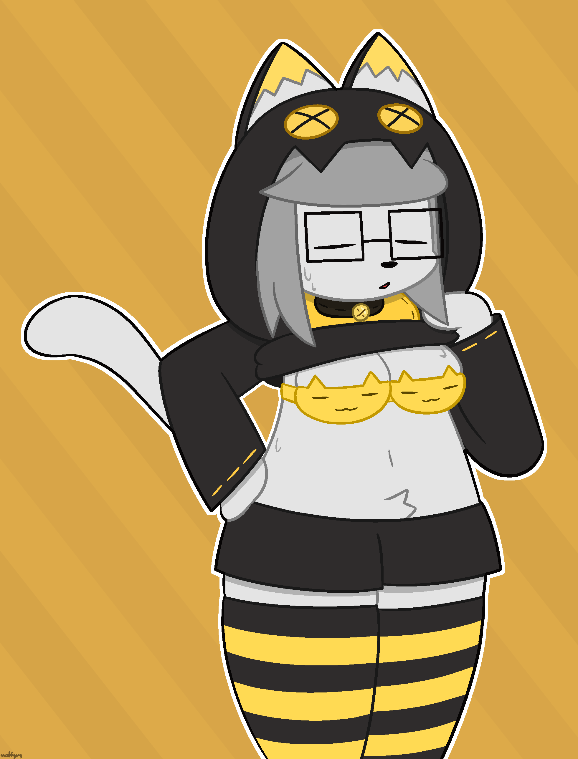 bra breasts closed_eyes cooling_off feline glasses hoodie_lift midriff open_mouth original_character shirt_lift sweat sweater_lift tired trickster_(woofgang) woofgang