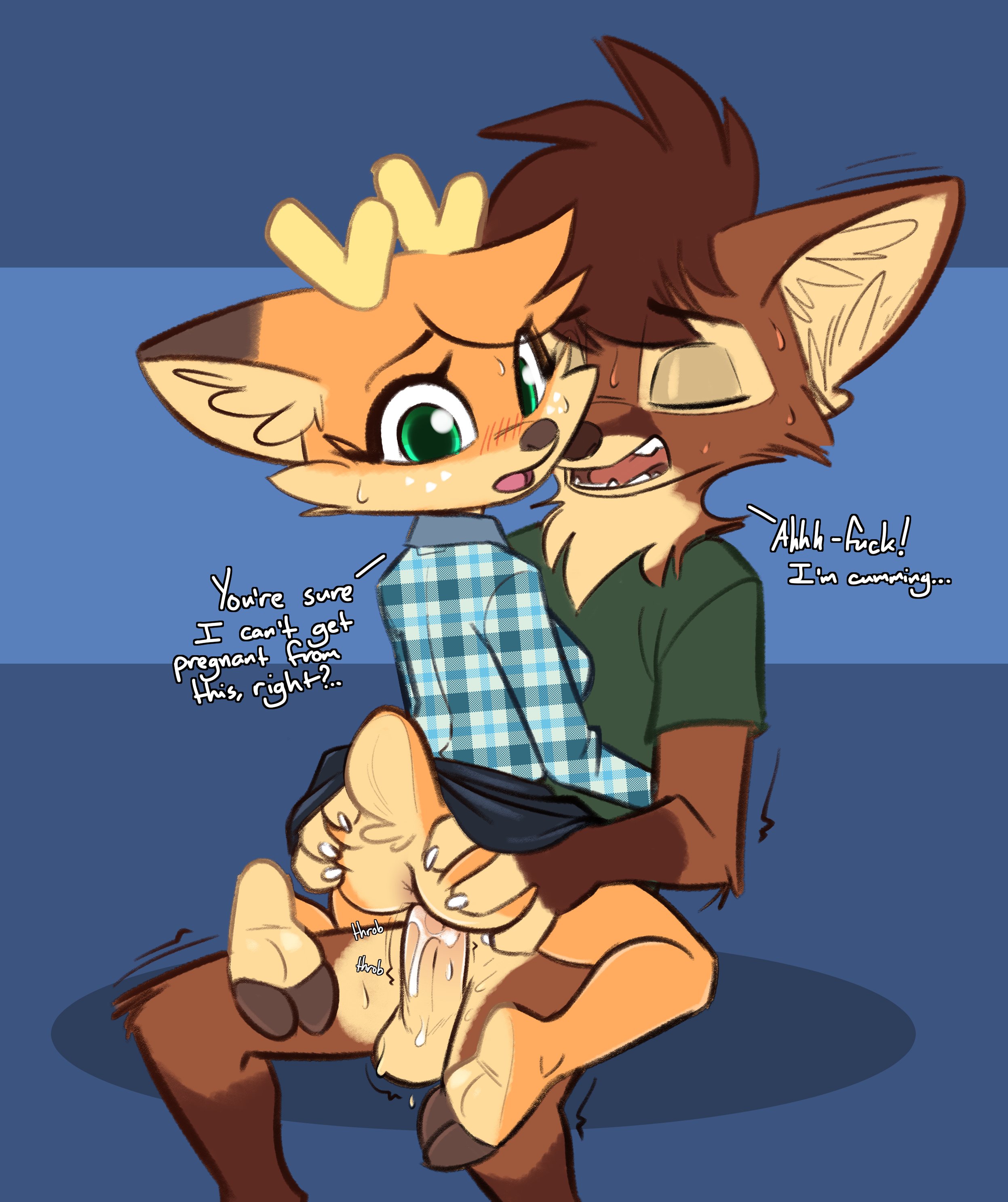 1boy, androgynous, anthro, anthro on anthro, anthro penetrating, clothing, deer, eyelashes, fangs, fox, freckles, fur, furry, fursona, green shirt, holding ass, jayrnski, male, maple (jayrnski), markings, oerba yun fang, open mouth, original, original character, penetration, precum, self insert, sex, shaking, shirt, simple background, siroc, siroc (character), skirt lift, sweat, sweating, tagme, text, throbbing