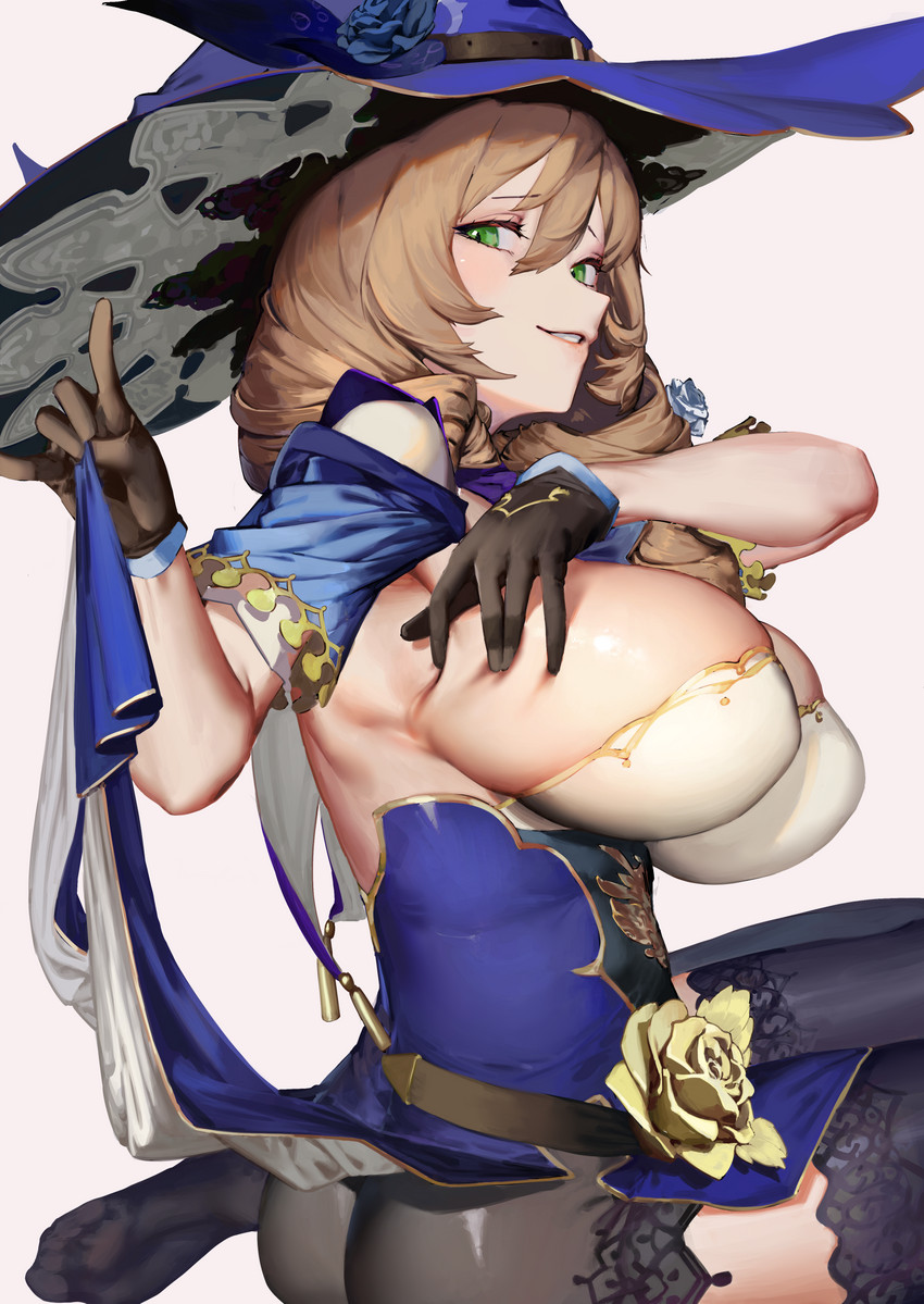 ass, big breasts, boots, breasts, female, genshin impact, green eyes, lisa (genshin impact), milf, presenting ass, presenting butt, simple background, waterswing, witch hat