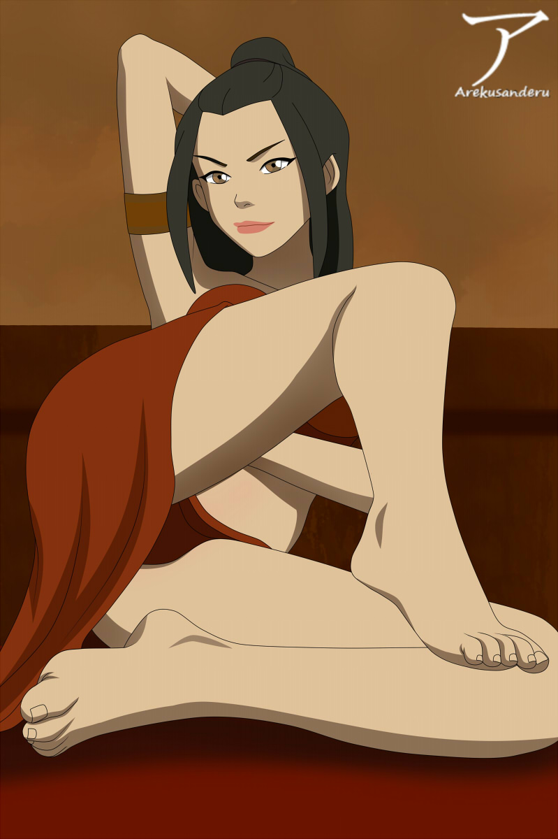 1girls arekusanderu arm_behind_head arm_up armband avatar_the_last_airbender azula barefoot black_hair clothing crossed_legs feet female female_only fire_nation foot_fetish grin half_updo legs light-skinned_female lipstick long_hair looking_at_viewer lying lying_down lying_on_side nickelodeon petite pinup posing royalty sidelocks skirt solo swimsuit teenager toes topknot upskirt yellow_eyes