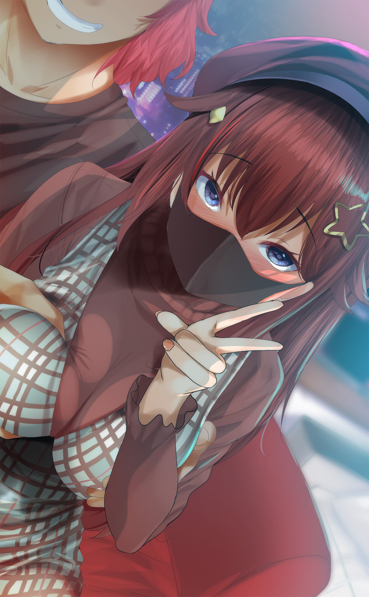 1boy bad_id bangs beret blue_eyes blurry blurry_background blush breast_grab couch dress female fumihiko_(pixiv2658856) grabbing hair_ornament hat highres hololive mask plaid plaid_dress red_hair sitting tokino_sora v virtual_youtuber