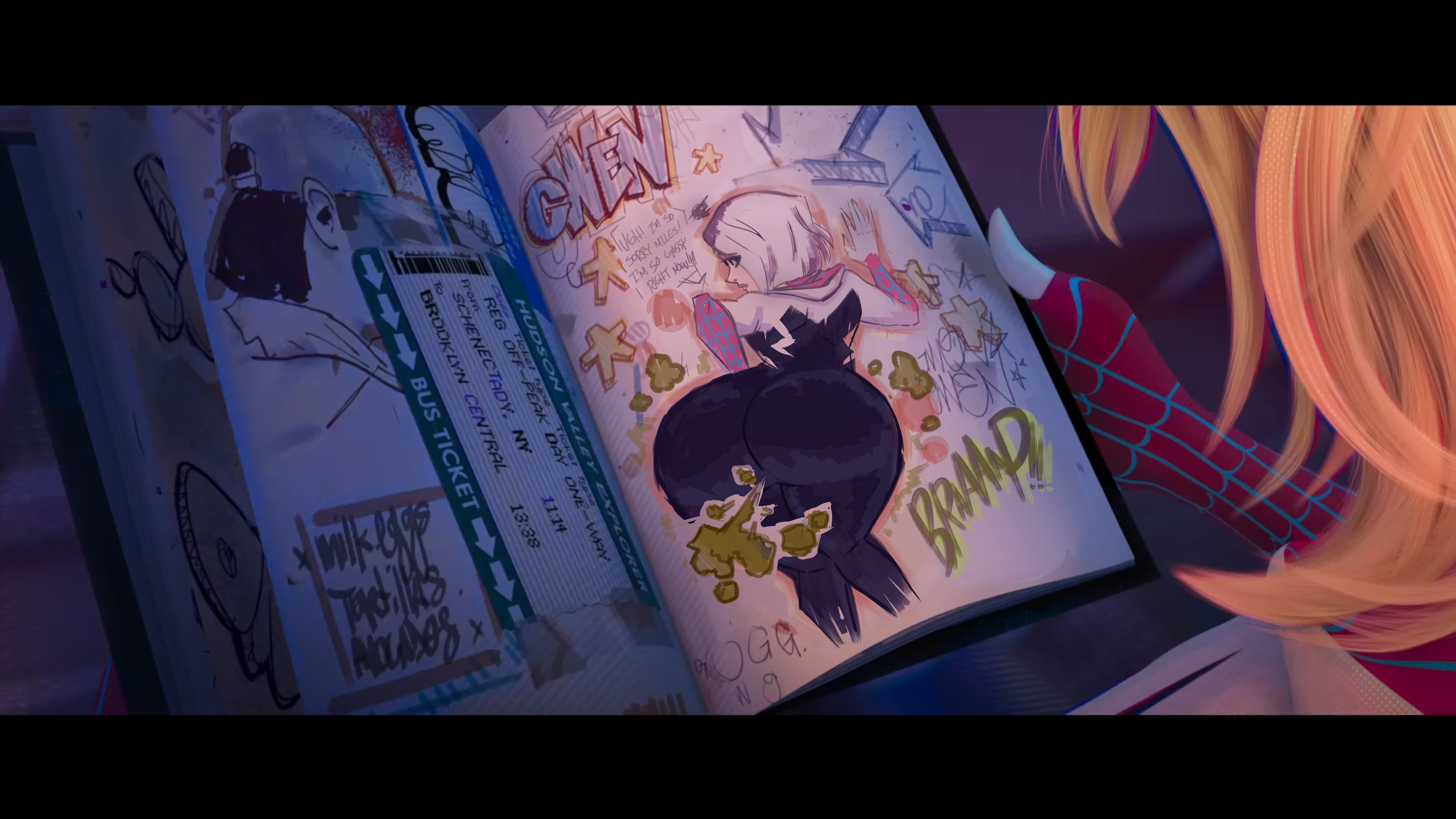 bent over, blonde hair, canonical scene, costume, edit, edited screencap, fart, fart cloud, fart fetish, female, gwen art check, gwen stacy, hand on ass, hand on surface, heroine, huge ass, marvel, marvel comics, meme, oddtenn, onomatopoeia, solo female, spider-man: across the spider-verse, superheroine, tenuousoddity, text