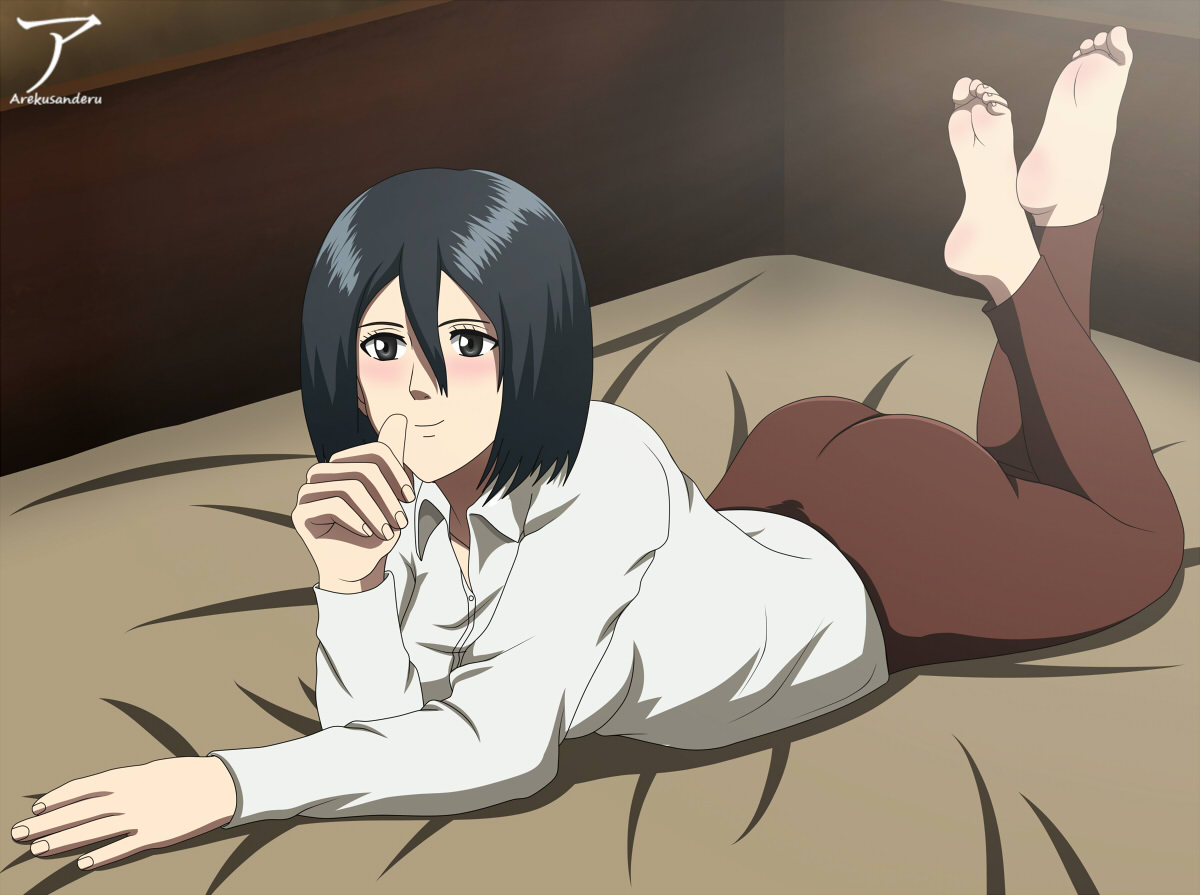 1girls, arekusanderu, ass, attack on titan, clothed female, female, female only, fully clothed, medium hair, mikasa ackerman, prone bone, shingeki no kyojin, solo