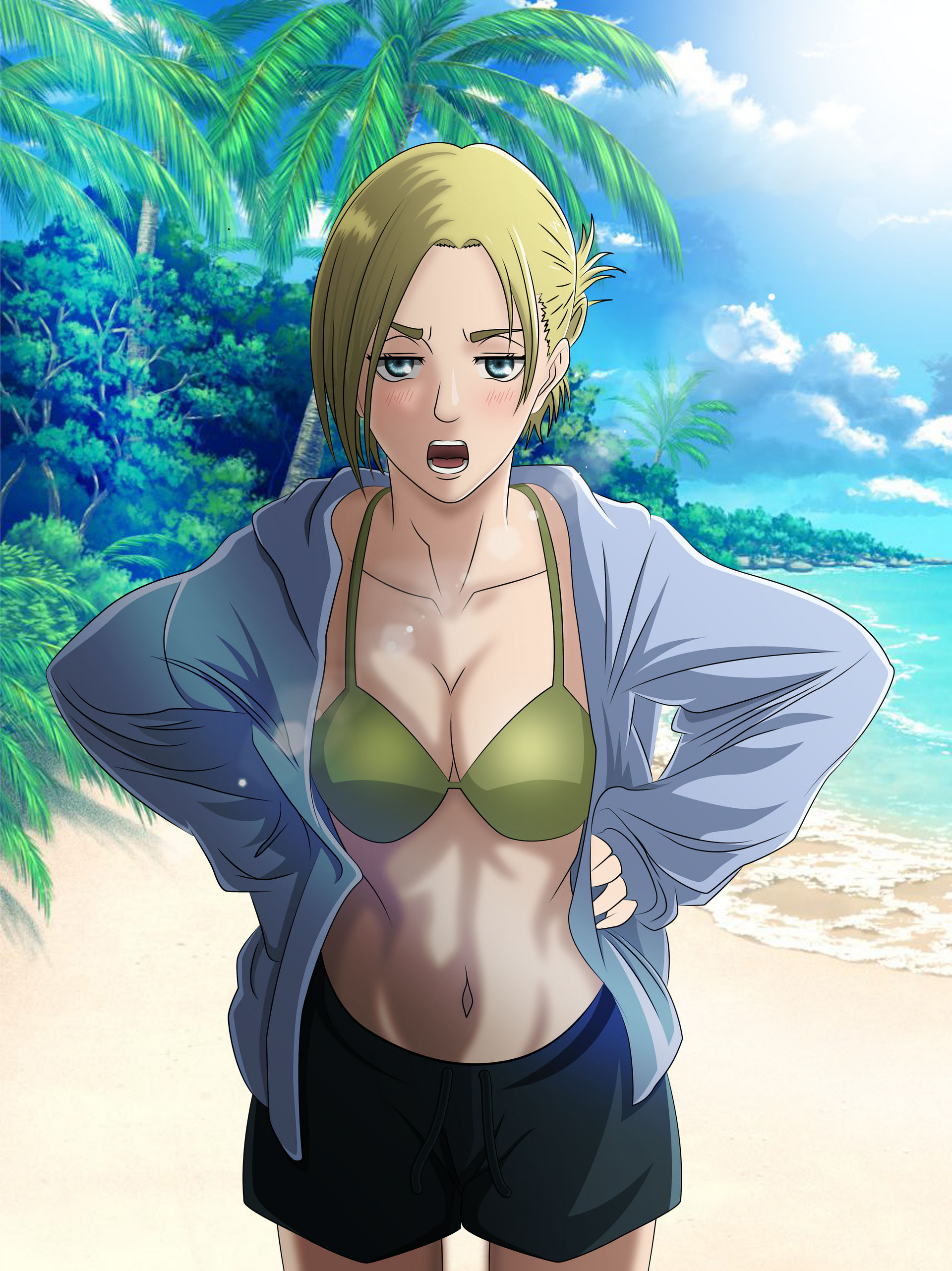 annie leonhardt, attack on titan, beach, blonde hair, blue eyes, female, nemesis179, shingeki no kyojin, shorts, tied hair, upset