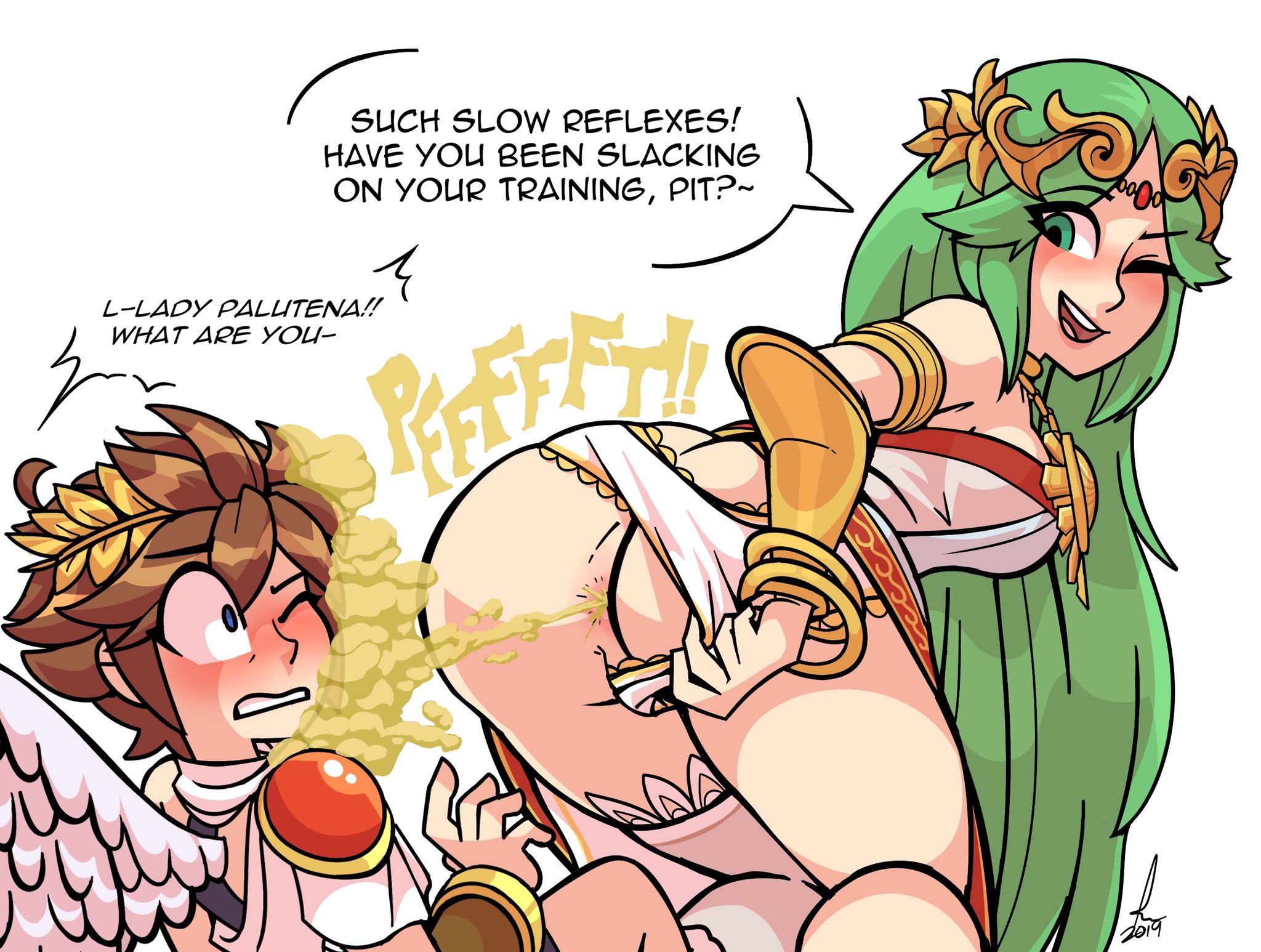 ass, ass cleavage, ass crack, blush, butt crack, fart, fart cloud, fart fetish, female, kid icarus, oddtenn, one eye closed, palutena, pit (kid icarus), tagme, tenuousoddity