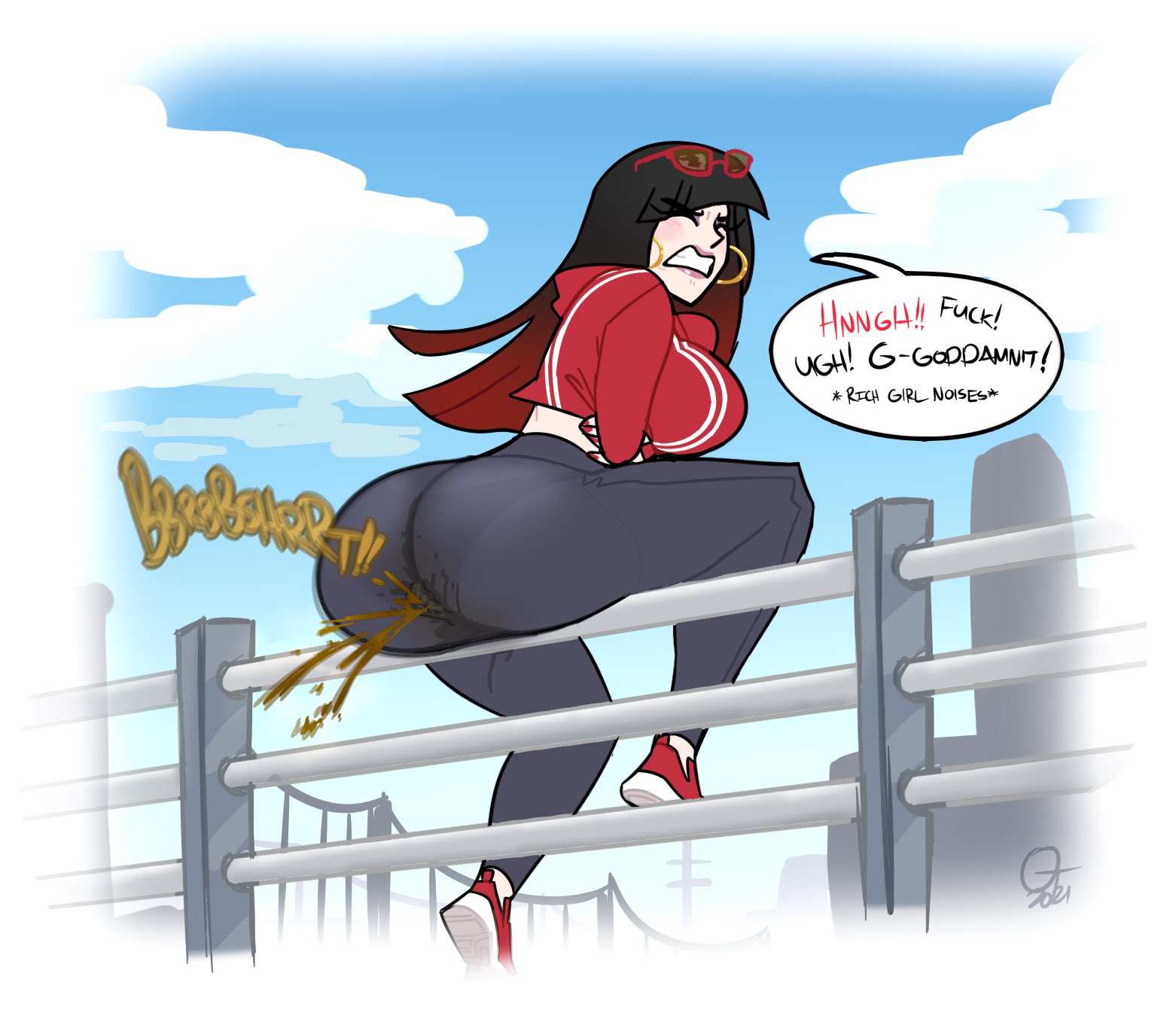 ass, big breasts, black hair, breasts, distress, fart, female, fully clothed, multicolored hair, natalia (gobrush), oddtenn, red hair, scat, tagme, tenuousoddity, thick thighs