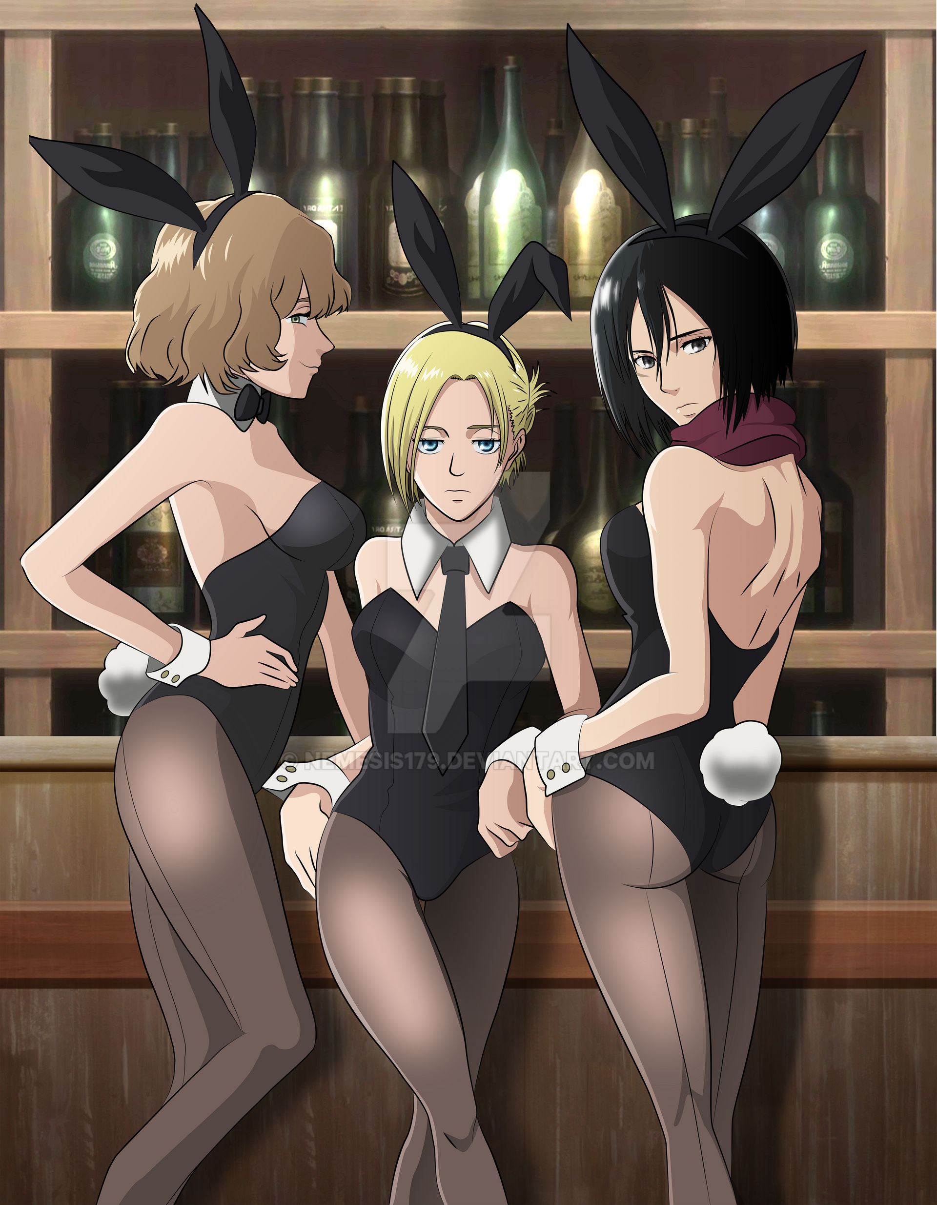 3girls, annie leonhardt, ass, attack on titan, bunny ears, bunnysuit, female, female only, hitch dreyse, looking at viewer, mikasa ackerman, mikasa ackerman (pre s4), multiple females, multiple girls, nemesis179, shingeki no kyojin, slim, teenager, watermark