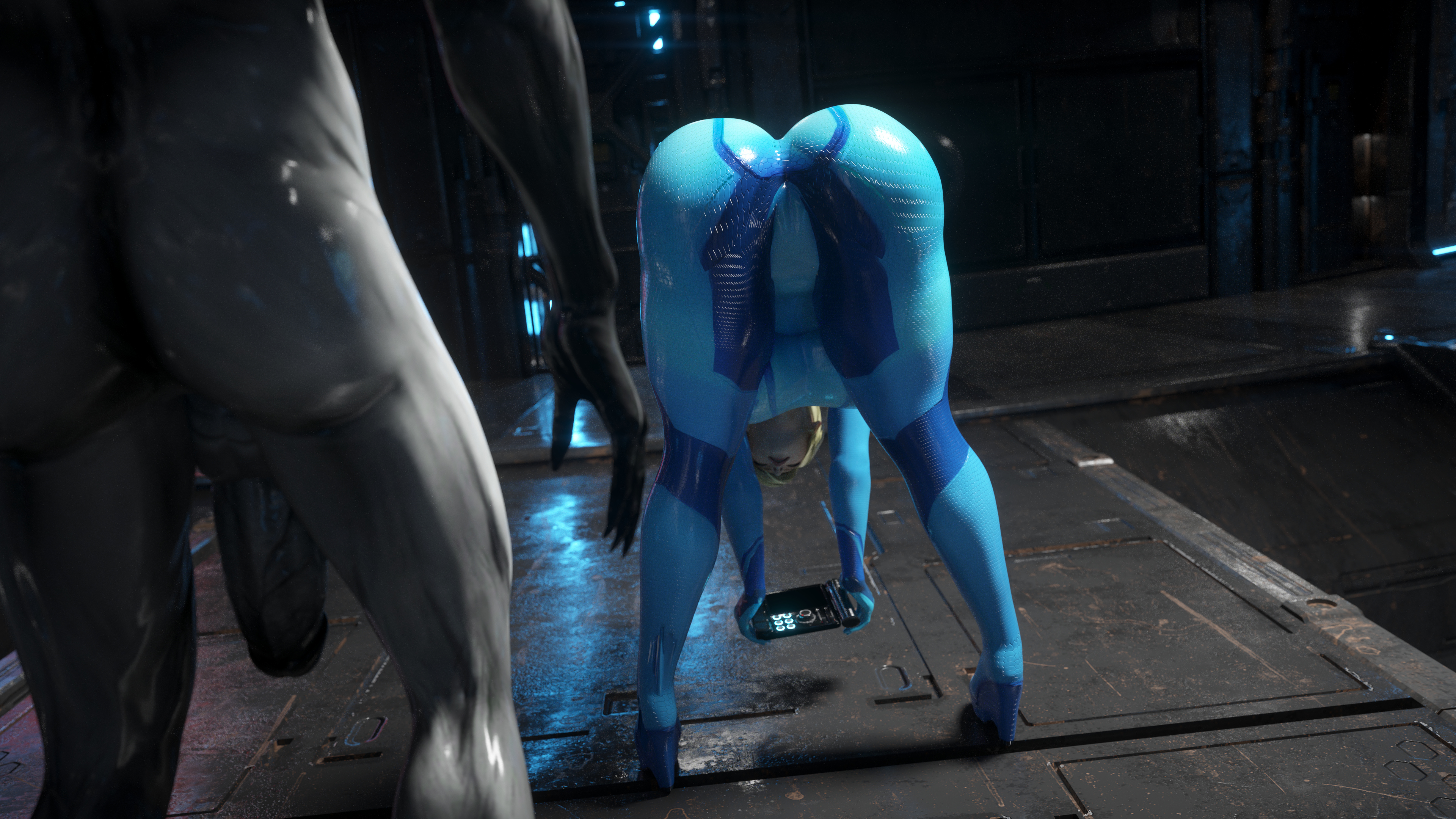 3d, 3d (artwork), ass, back view, balls, bending over, bent over, big ass, big balls, big breasts, big penis, blonde hair, breasts, crossover, eastern and western character, female, huge ass, icedev, male, metroid, monster, monster cock, nintendo, outlast, penis, samus aran, walrider, white skin, zero suit, zero suit samus