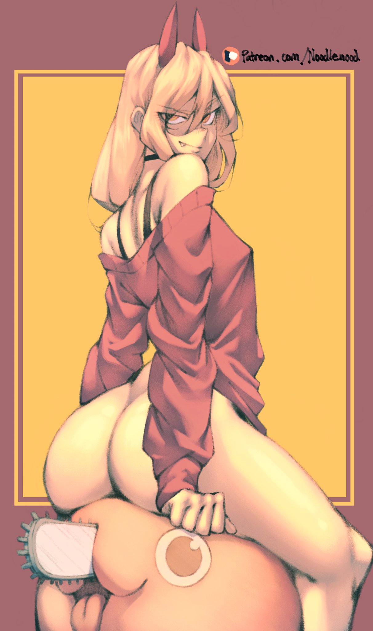 1girls, aroodnoodle, ass, big ass, blonde hair, bottomless, chainsaw man, choker, demon, demon girl, evil grin, evil smile, eye contact, female, higher resolution available, horns, light skin, light-skinned female, long hair, looking at viewer, looking back, mappa, naughty face, noodlenood, petite, pochita (chainsaw man), power (chainsaw man), red horns, seductive eyes, seductive look, seductive smile, sharp teeth, sitting, slim, smug, solo, symbol-shaped pupils, thick thighs, thighs, yellow eyes