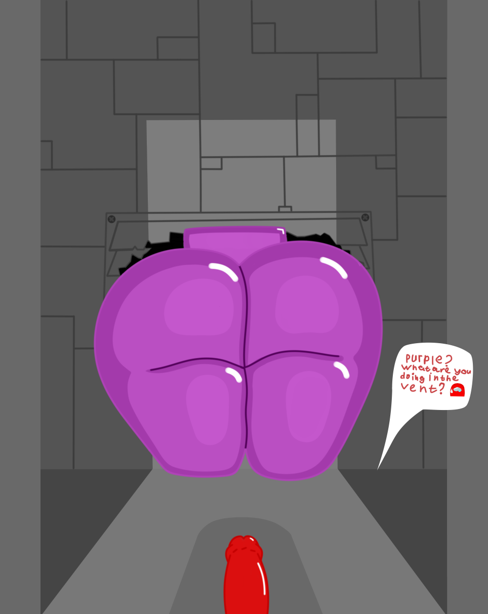 1boy 1girls among_us ass bottomless_skirt boy caught dialogue diamondtears female femsub huge_ass inconvenient_ass latex_suit male male_with_female maledom penis purple_(among_us) purple_body red_(among_us) red_body skirt skirt_lift straight stuck stuck_in_vent stuck_in_wall thick_thighs through_wall wide_hips