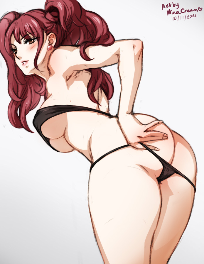 1girls, alternate version available, ass, bikini, breasts, clothed, earrings, eye contact, female, kujikawa rise, long hair, looking at viewer, medium hair, minacream, partially clothed, partially nude, persona, persona 4, persona 4 the golden, solo, solo female, twintails, white background