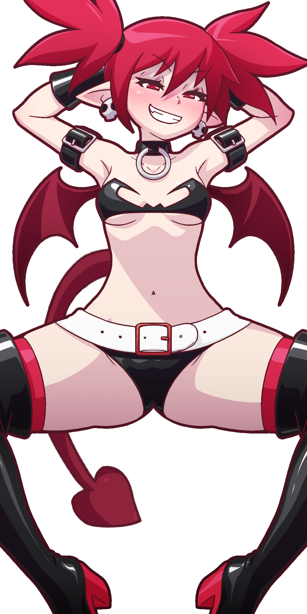 1girls 3rd_party_edit alternate_version_available armwear bat_wings belly_button blush blushing blushing_at_viewer boobs bracers breasts buckle buckles choker clothed clothed_female collar collar_ring collarbone collarbones color colored demon demon_girl demon_humanoid demon_tail demon_wings demoness disgaea disgaea_1 earrings elf_ears etna eyebrows_visible_through_hair fair_skin female female_only hairband hands_behind_head jewelry laying_down legs_apart legs_spread light-skinned_female light_skin looking_at_viewer manyakis navel neckwear nippon_ichi_software only_female pale_skin petite petite_body pigtails pointy_ears red_eyes red_hair simple_background skull_earrings slim slim_girl slim_waist small_breasts smile smiling smiling_at_viewer smirk smirking smirking_at_viewer solo solo_female teeth teeth_showing teeth_visible third-party_edit tied_hair transparent_background