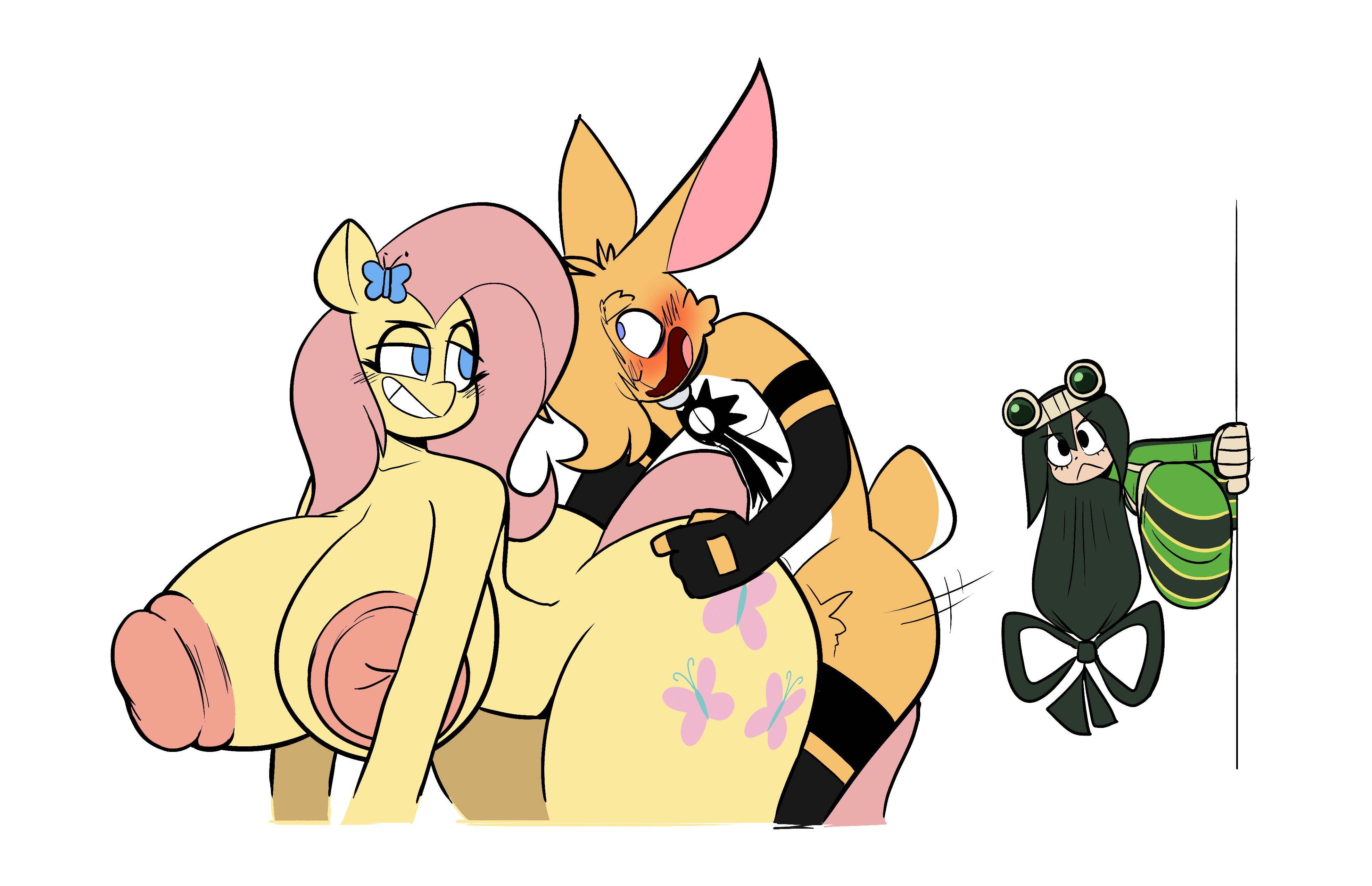 0r0, 1boy, 2girls, angry, anthro, anthro on anthro, anthrofied, big breasts, breasts, crossover, eastern and western character, female, female anthro, female penetrated, femboy, femboy on female, fluttershy (mlp), from behind, froppy, hero outfit (mha), lettuce (artist), male, male anthro, male penetrating, male penetrating female, my hero academia, my little pony, penetration, qqlettuce, sex, straight, straight hair, thick thighs, tsuyu asui, watching, white background
