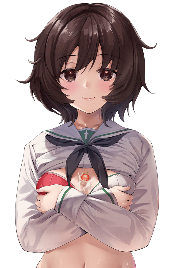 akiyama_yukari amasora_taichi bra breasts brown_eyes brown_hair closed_mouth clothes_lift covering covering_breasts cream female food food_between_breasts fruit girls_und_panzer looking_at_viewer medium_breasts navel neckerchief ooarai_school_uniform school_uniform serafuku shirt_lift short_hair solo strawberry suggestive_fluid underwear upper_body