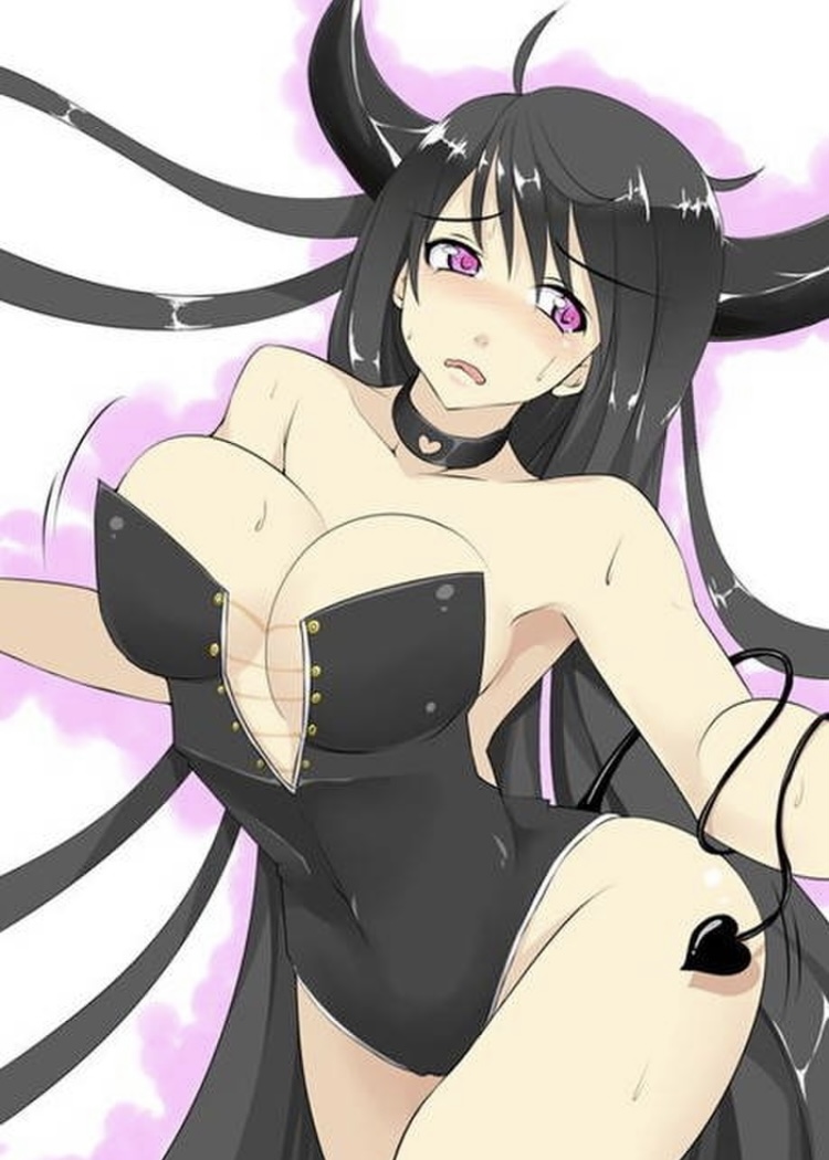 1girls big_breasts black_hair blush breasts choker demon_tail embarrassed horn leotard pink_eyes solo_female solo_focus sugamon sweat tagme thick_thighs voluptuous