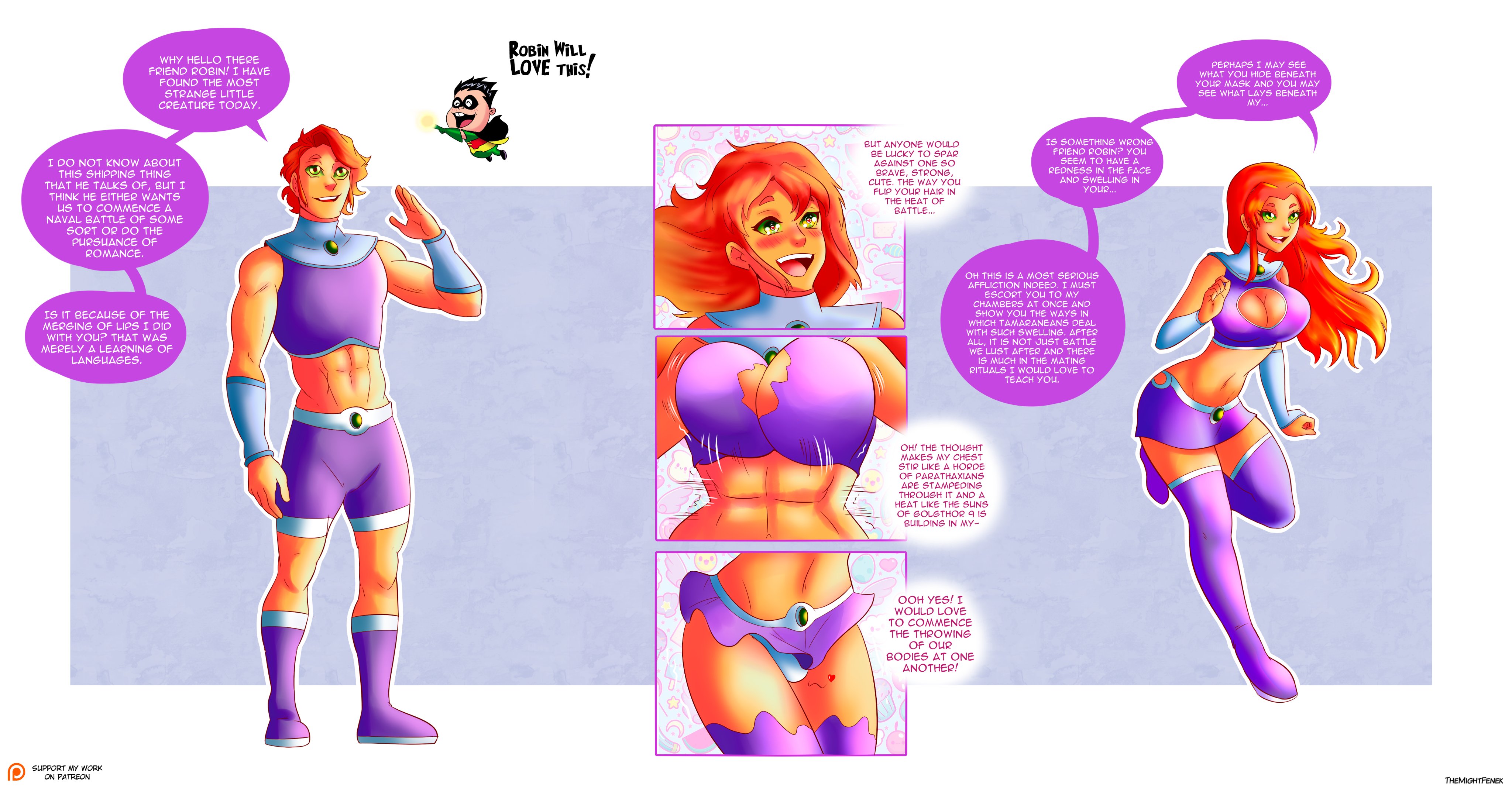 1boy, 1girls, abs, ahe gao, arm sleeves, black eyelashes, blush, blushing, boobs, boots, breast expansion, breast growth, breast growth (enlargement), breasts, bulge, bulge through clothing, cleavage, cleavage cutout, crop top, dc, dc comics, female, gems, gender transformation, genderswap, genderswap (mtf), gorget, green eyes, green gem, green pupils, hair growth, heart, koriand'r, long hair, male, male to female, mid-transformation, midriff, mind alteration, miniskirt, mtf transformation, muscular, muscular male, open mouth, orange skin, panties, permanent, permanent transformation, purple boots, purple shorts, purple skirt, red eyebrows, red hair, red heart, robin (dc), robin (dc) (other), rule 63, short hair, shorts, skirt, smile, speech bubble, standing, starfire, teen titans, themightfenek, thigh boots, tits, transformation, transformation sequence, underwear, warner brothers