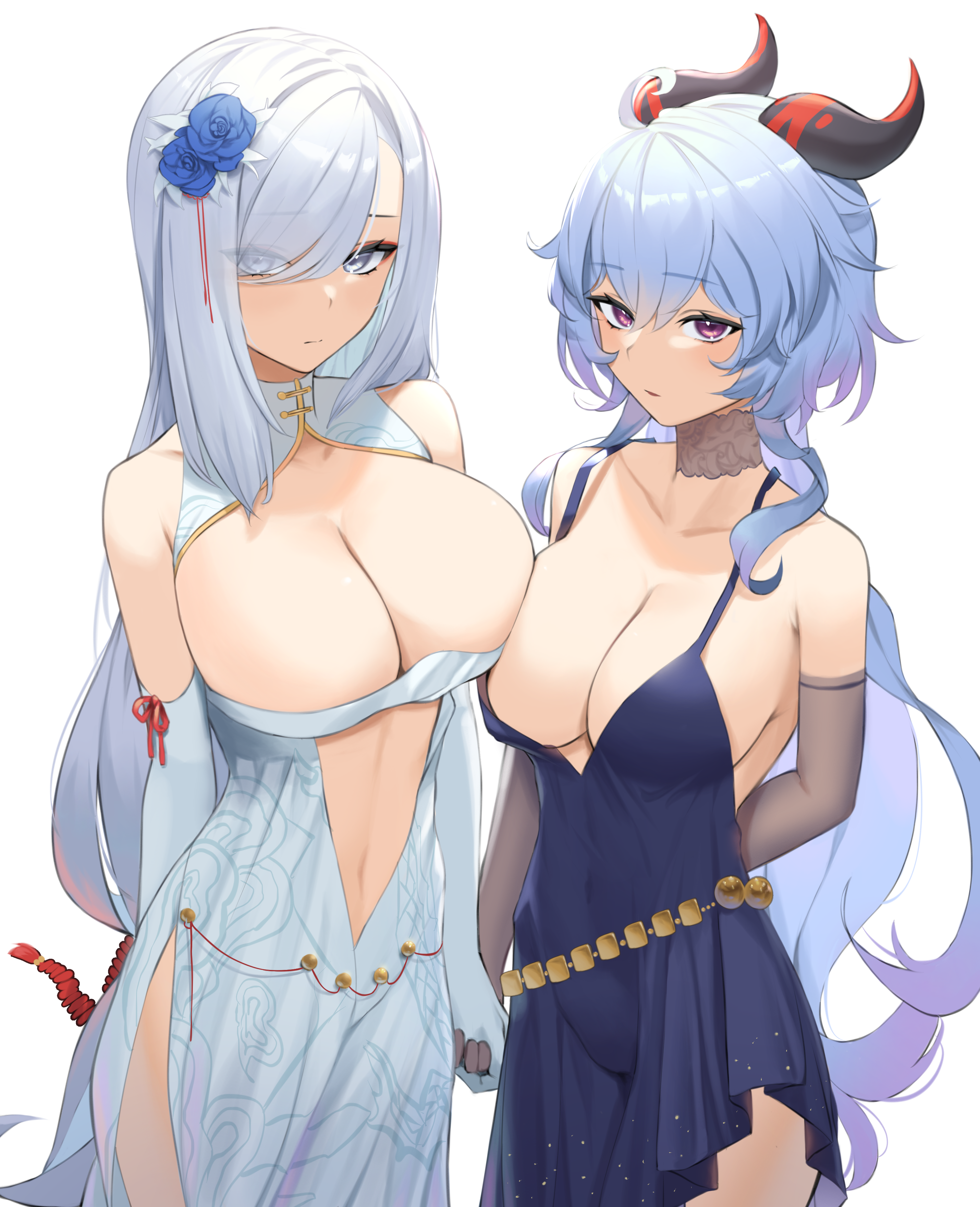 2girls, blue hair, breast press, breasts, busty, china dress, chinese clothes, cleavage, cleavage cutout, clothing, dress, female, female only, ganyu (genshin impact), genshin impact, hair over one eye, hi res, holding hands, horn, huge breasts, large breasts, lordol, navel, purple eyes, shenhe (genshin impact), white eyes, white hair