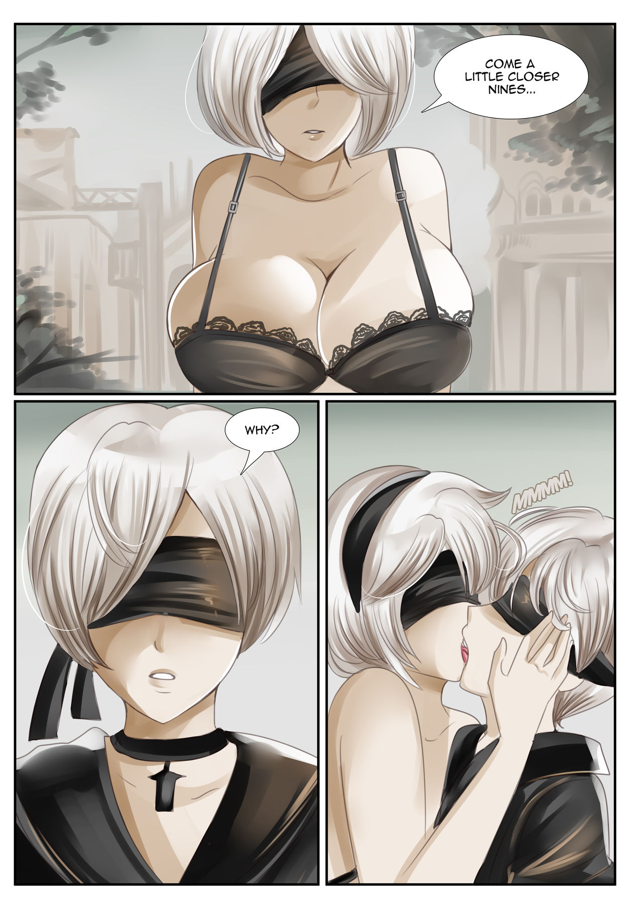 1boy, 1girls, big breasts, blindfold, bra, breasts, clothing, comic, english text, female, hairband, huge breasts, large breasts, light skin, light-skinned female, light-skinned male, male, nier: automata, saintxtail, text, vore, white hair, yorha 2b, yorha 9s