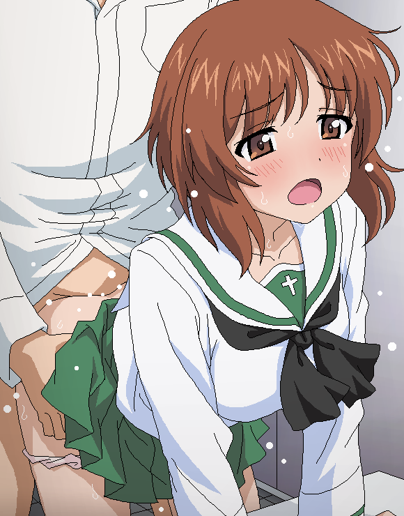 1boy black_neckwear blush brown_eyes brown_hair clothed_sex commentary_request doggy_style eyebrows_visible_through_hair female girls_und_panzer green_skirt long_sleeves nishizumi_miho ooarai_school_uniform open_mouth panties panty_pull sailor_collar school_uniform sex short_hair skirt straight sweat tomu_(tomubobu) underwear white_panties white_sailor_collar