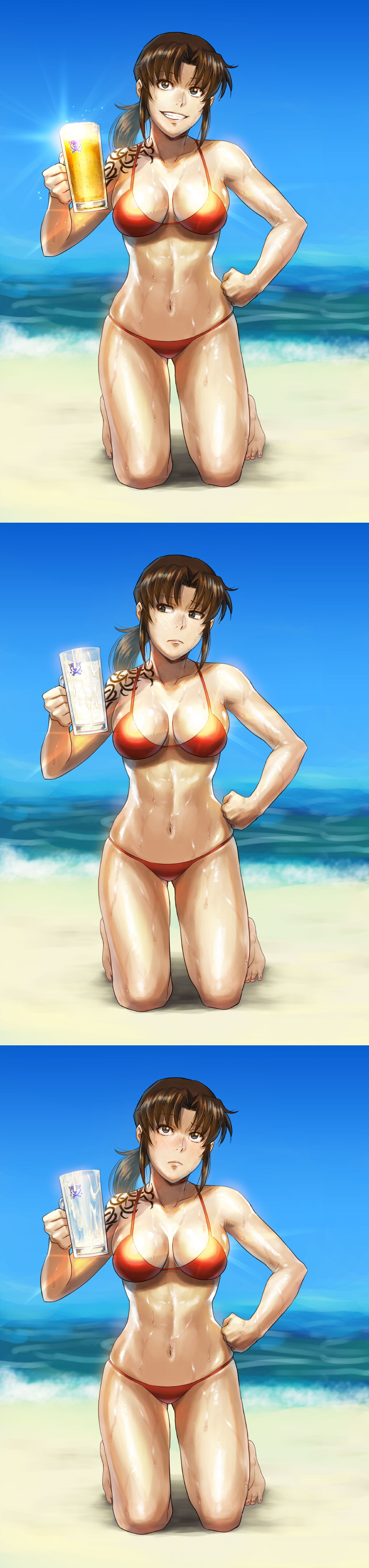 azasuke beach beer big_breasts bikini black_lagoon breasts busty cum cum_drinking cum_in_container cum_in_glass female female_focus female_only gokkun happy hourglass_figure pussy red_bikini revy sweaty tattoo vagina wide_hips