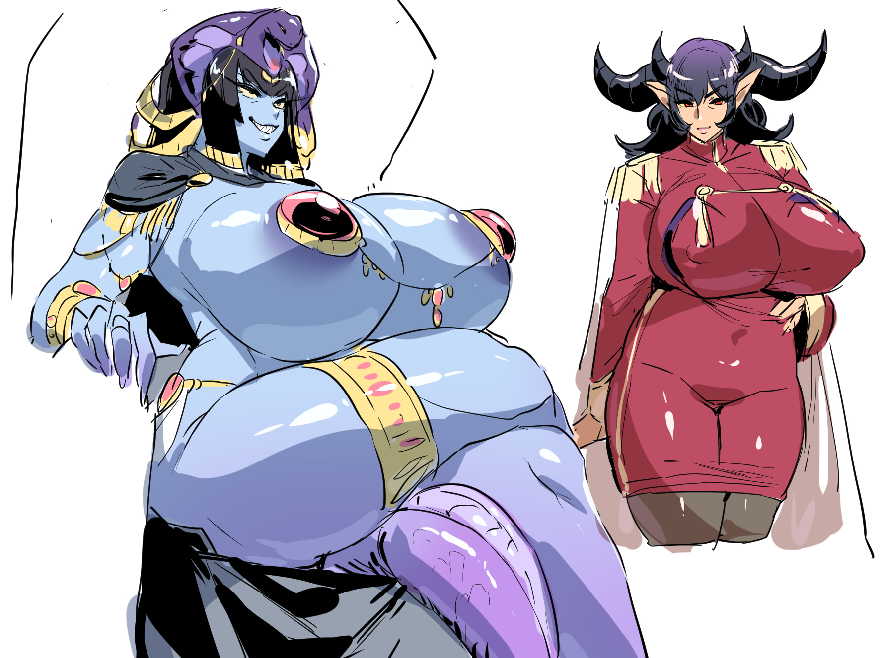2girls, areolae, big breasts, black hair, breasts, cape, demon, demon girl, emperor burai, emperor gore, female, female only, getter robo, horns, jewelry, long hair, monster girl, multiple females, multiple girls, nipple bulge, red eyes, rule 63, sharp teeth, sitting on chair, snake, snake girl, snake tail, thick thighs, thirty 8ght, uniform, wide hips, yellow eyes