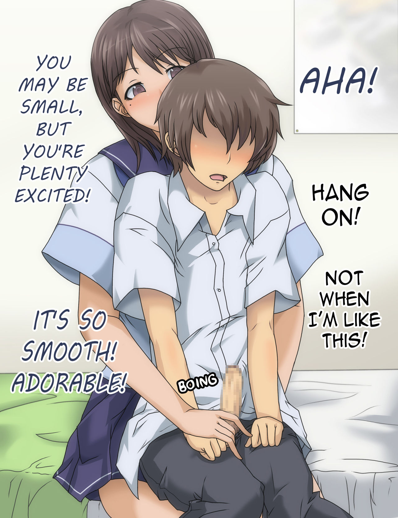 1boy, 1girls, age difference, anegasaki nene, blush, brown eyes, brown hair, censored, censored penis, clothed, english text, erection, female, femdom, greco roman (spiral brain), gureko rouman, love plus, male, mole, mole under eye, mosaic censoring, older female, older female and younger male, open mouth, penis, school uniform, schoolgirl, shoulder length hair, sitting on lap, text, touching penis, younger male