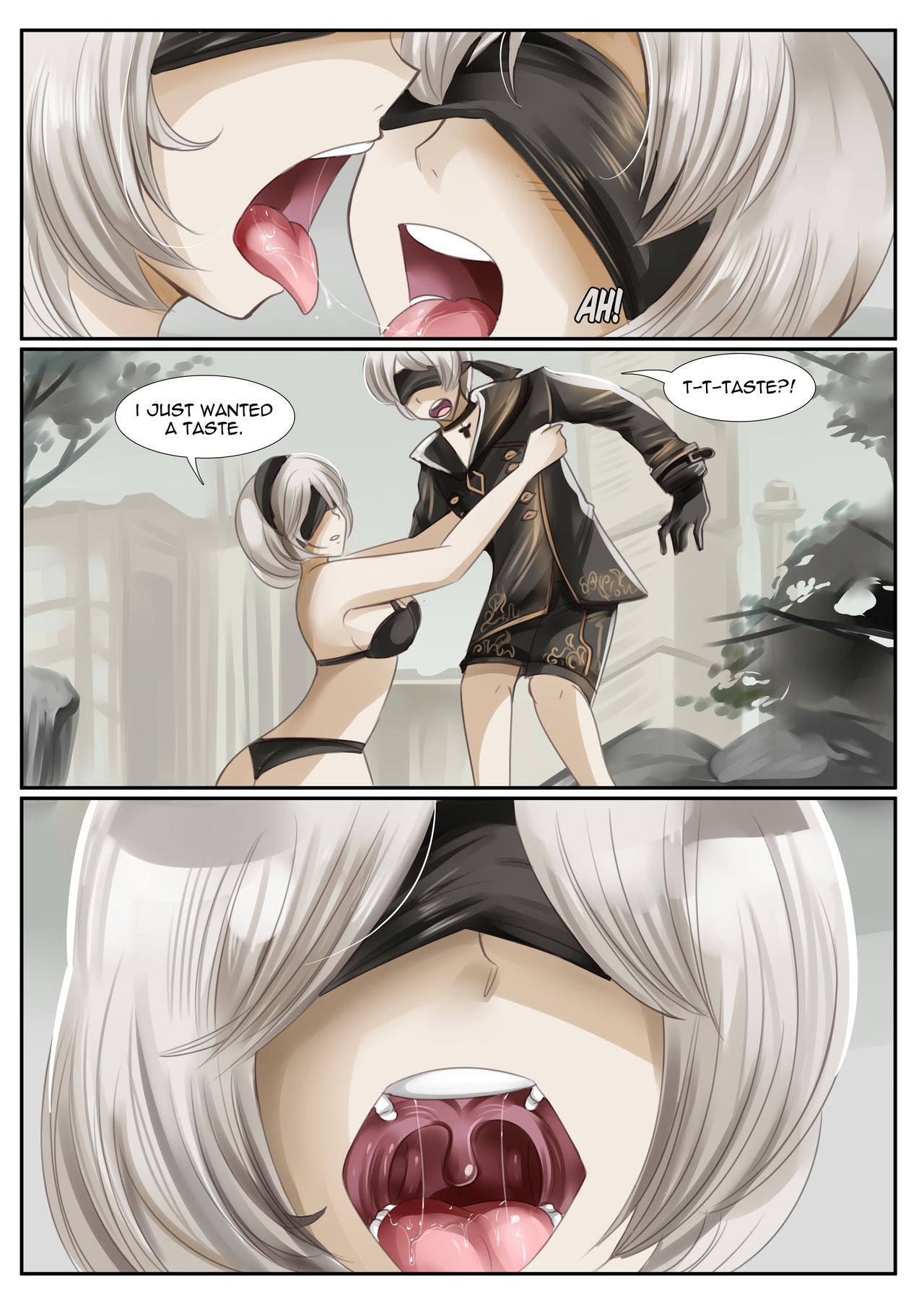 1boy, 1girls, ass, big breasts, blindfold, bra, breasts, clothing, comic, english text, female, hairband, huge breasts, lifting person, light skin, light-skinned female, light-skinned male, male, nier: automata, open mouth, panties, saintxtail, text, vore, white hair, yorha 2b, yorha 9s