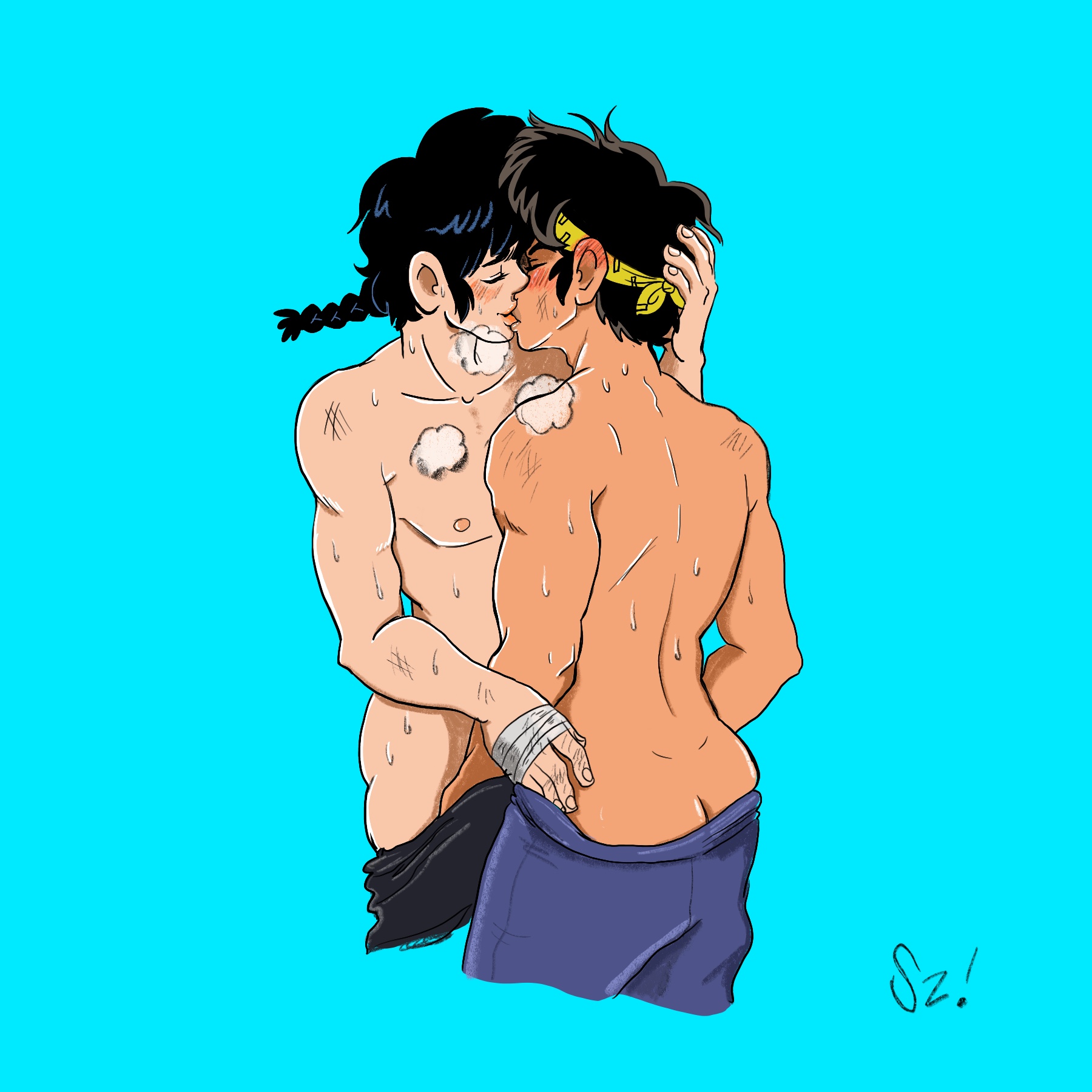 2boys, black hair, blue background, braid, clothing, dark hair, gay, headband, kiss, kissing, long hair, male, male only, male/male, ranma 1/2, ranma saotome, ranma-kun, ryoga hibiki, short hair, stephzaps, sweat, uncensored, undressing another, yaoi