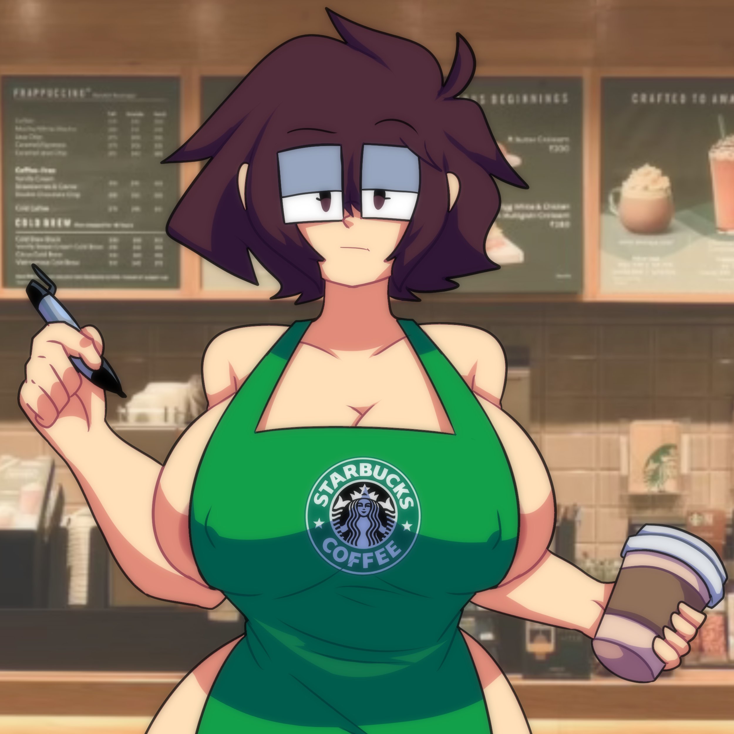 1girls, breasts, brown hair, female, glasses, iced latte with breast milk, lueduar, lueduartv, lulú (lueduar), meme, short hair, solo, starbucks, tagme