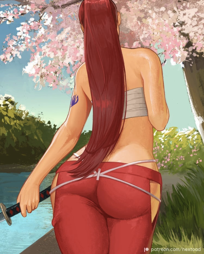 back_view bandages_around_chest big_ass chest_wraps crossed_legs erza_scarlet fairy_tail long_hair pose red_hair sword teasing