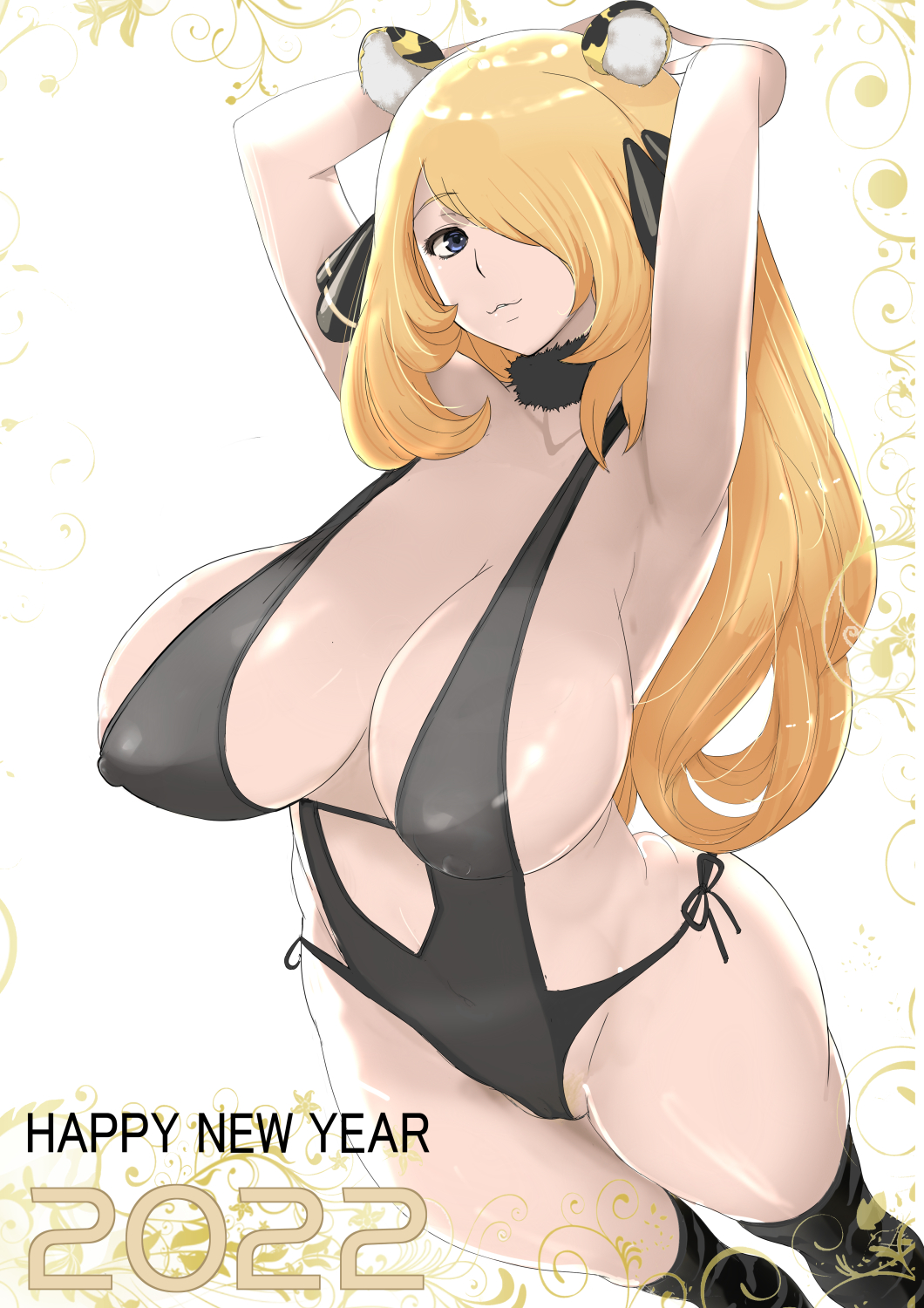 1girls, 2022, alternate breast size, animal ears, big breasts, blonde hair, breasts, cynthia (pokemon), eye contact, female, hair ornament, happy new year, huge breasts, long hair, looking at viewer, makoto daikichi, nintendo, pokemon, pokemon dppt, solo, standing, text, thick thighs, thighhighs, thighs