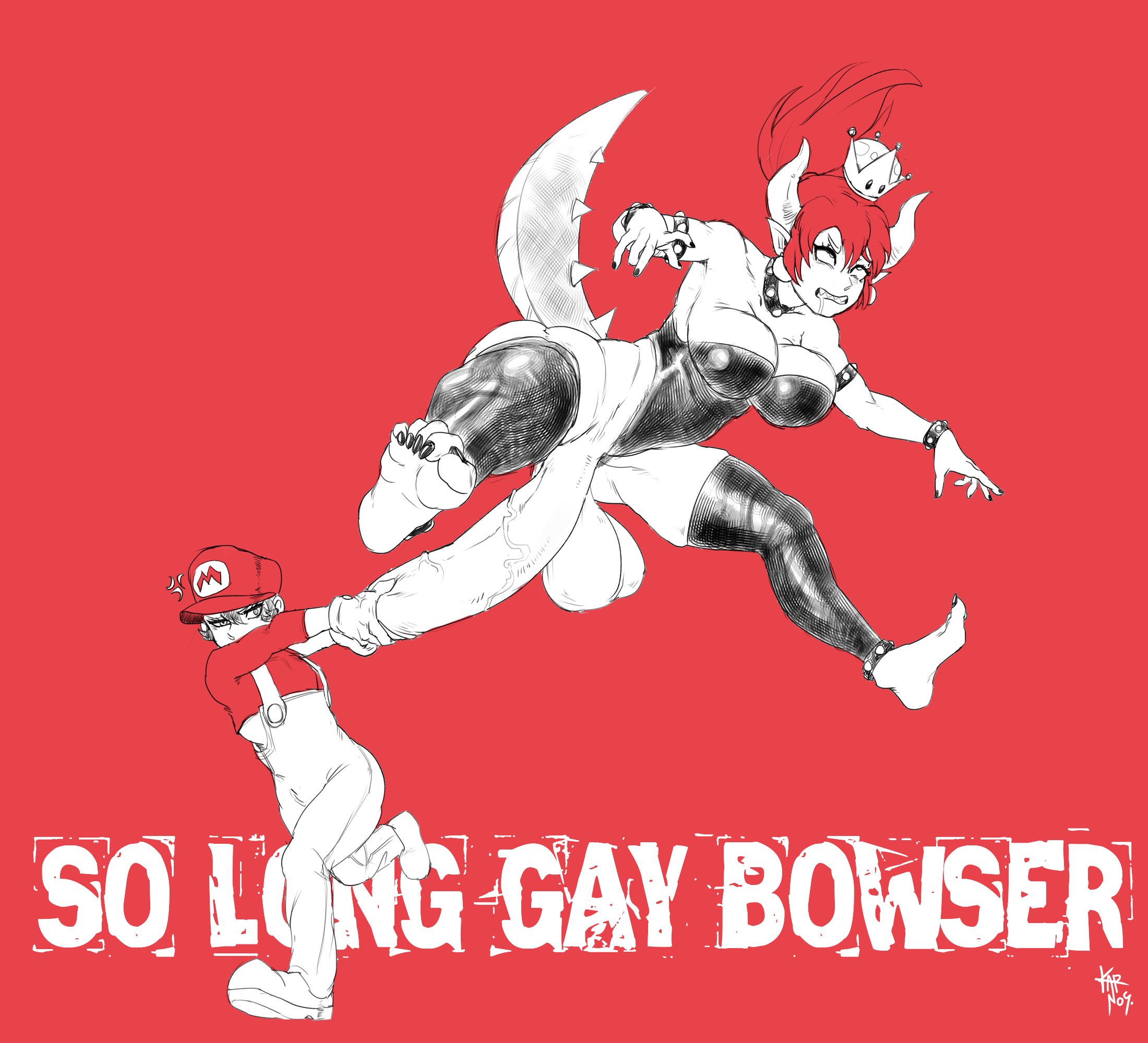 1boy, 1futa, balls, big breasts, bowsette, breasts, cleavage, clothed, clothing, erection, feet, fully clothed, futanari, goes hard, huge balls, huge cock, human, humanoid, humanoid penis, intersex, karnos, larger futa, leotard, male, mario, mario (series), meme, monochrome, new super mario bros. u deluxe, nintendo, partially clothed, penis, penis grab, red bowsette, size difference, small dom big sub, smaller male, so long, gay bowser (meme), standing, strong, super mario 64, superheroine, surprised, swinging, text, thick thighs, thighhighs, wide hips