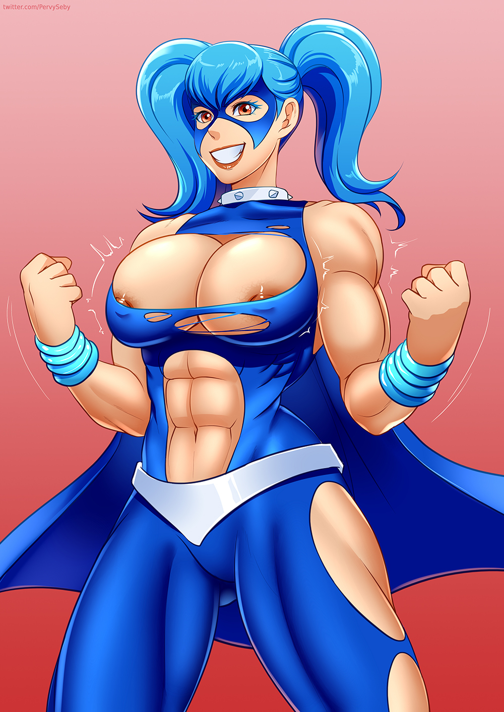 abs areolae belt biceps blue_hair breasts brown_eyes cape city_of_heroes collar exposed_breasts eye_mask female flexing fusionette gradient_background large_breasts long_hair muscular_female navel nipples oo_sebastian_oo simple_background sleeveless smile solo spiked_collar standing superheroine torn_clothes twintails vambraces