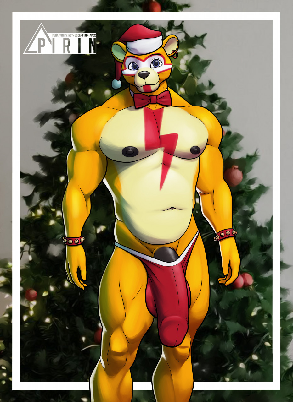 alternate_color anthro bara barazoku bell big_bulge big_penis black_nose black_penis bodypaint bow_tie bracelet bulge christmas christmas_clothing christmas_headwear christmas_tree clothing detailed_bulge ear_piercing face_paint five_nights_at_freddy's five_nights_at_freddy's:_security_breach genital_outline genitals glamrock_freddy_(fnaf) hat headgear headwear hi_res holidays jewelry jingle_bell looking_at_viewer male male_only mammal nipples orange_body penis penis_outline piercing pirin-apex plant santa_hat scottgames solo solo_male topwear tree ursid video_games